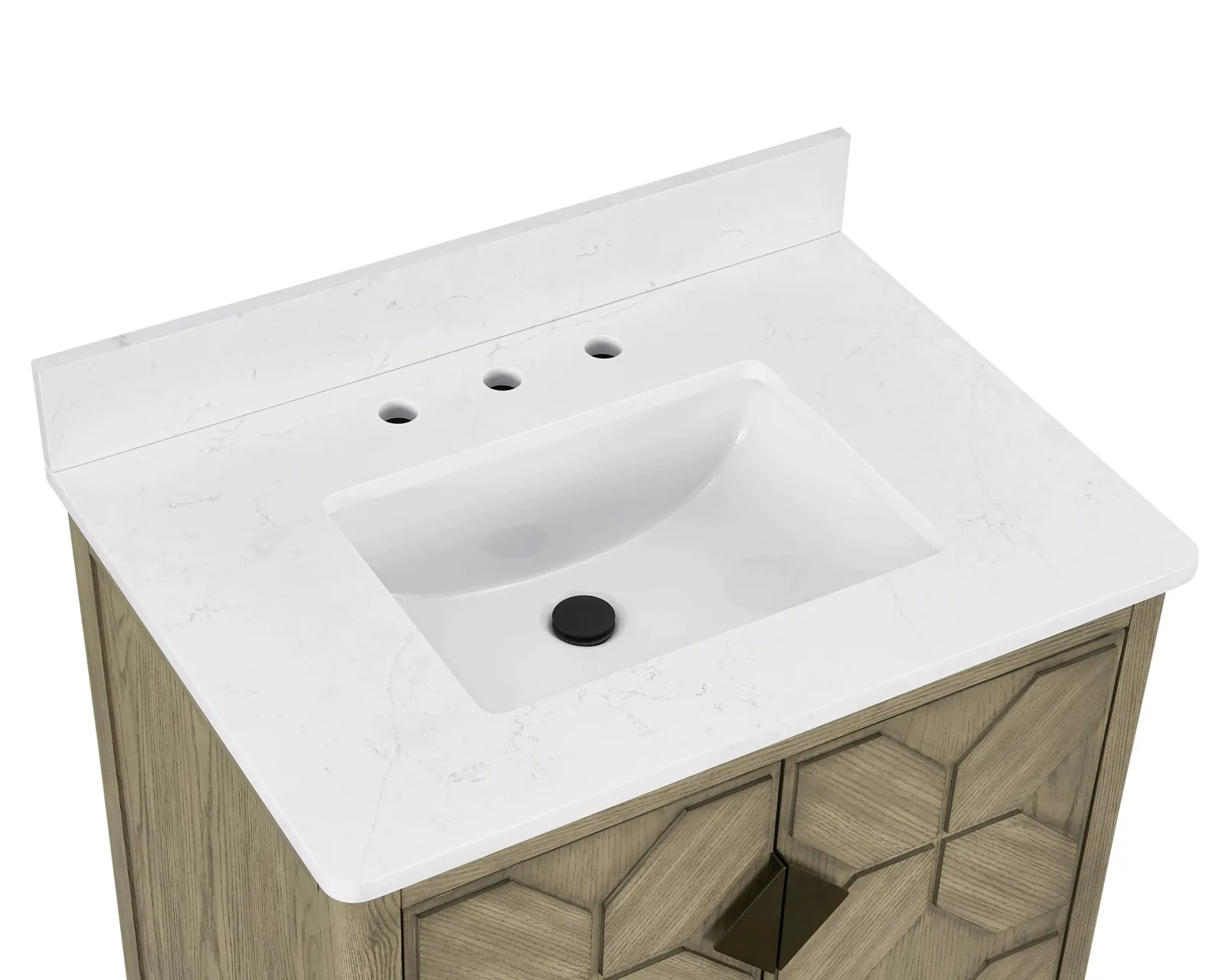 Close-up of the marble-look quartz top with rectangular sink and 8 inch widespread faucet holes