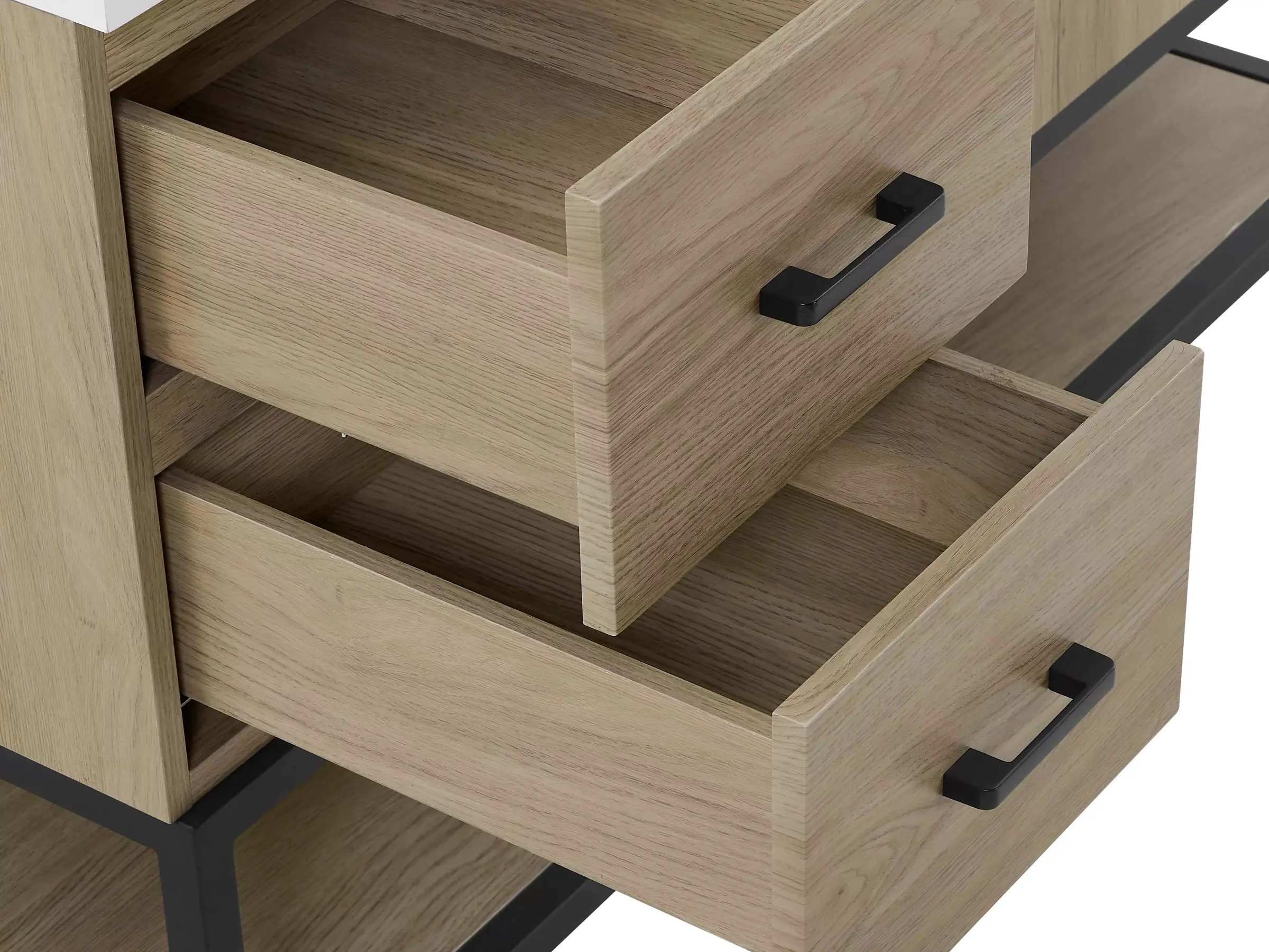 Two light oak drawers pulled open, with matte black pulls