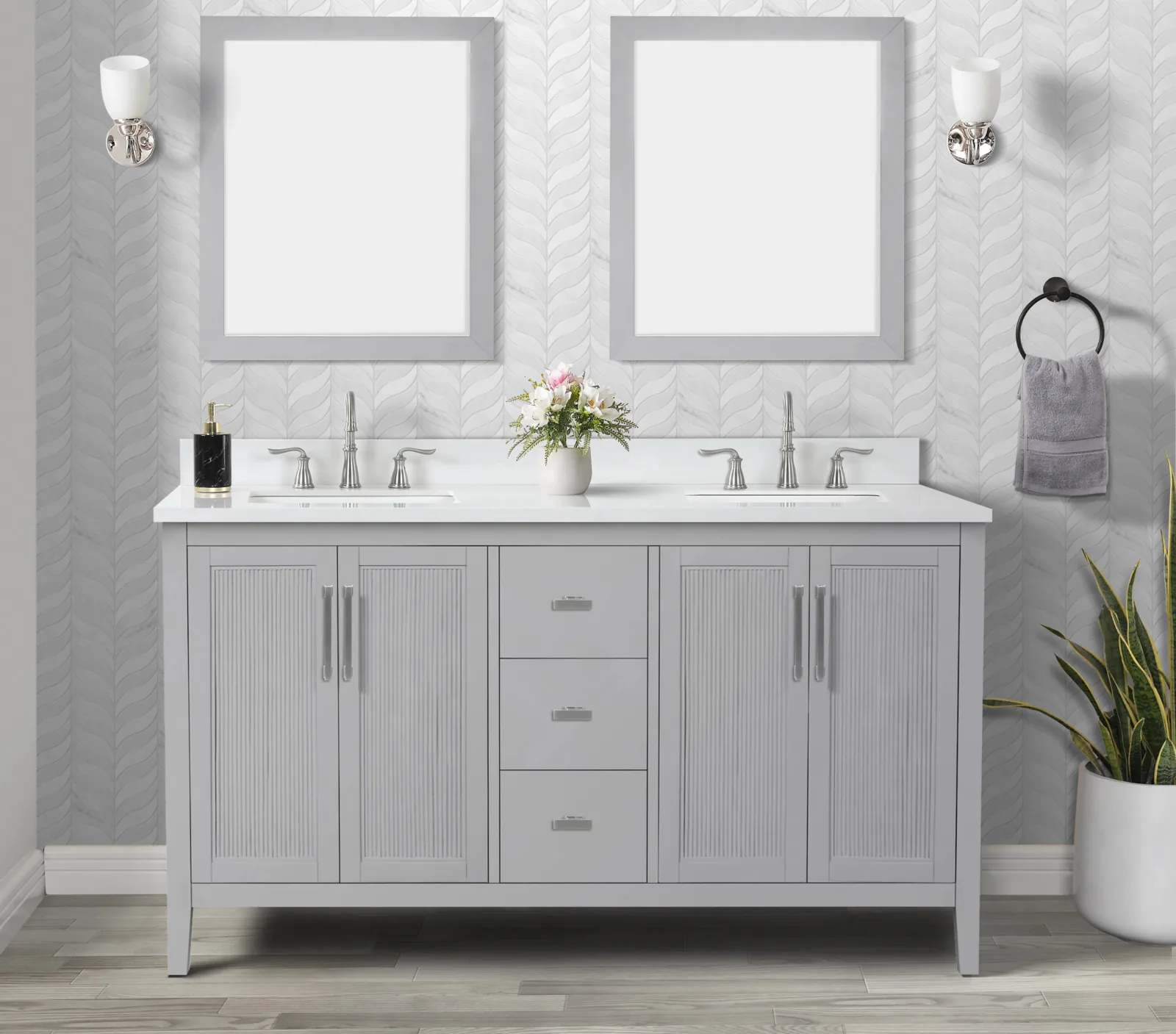 60-inch light gray vanity with Carrara-look sintered stone top and two sinks, shown in a bathroom