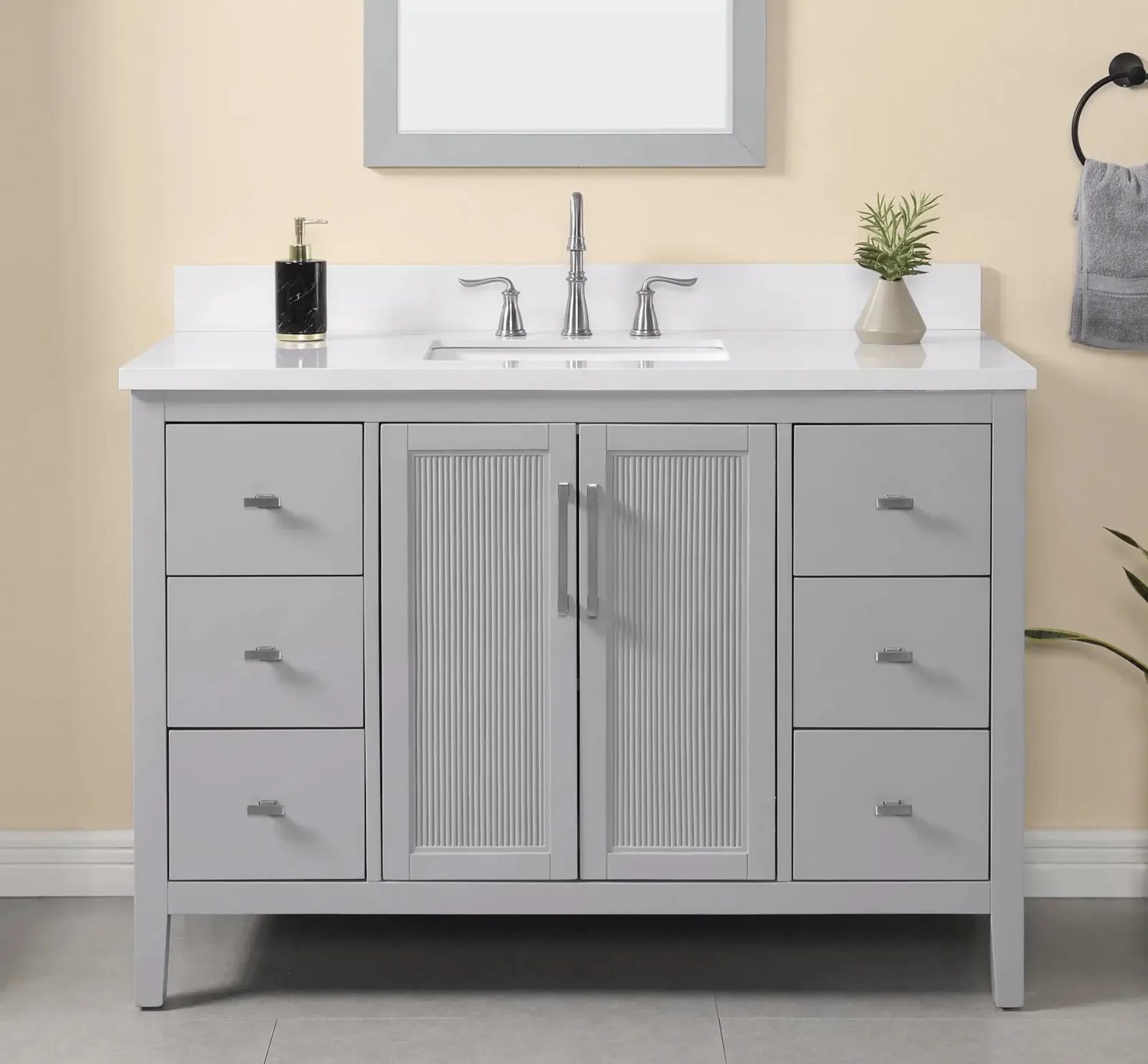 48-inch light gray vanity with sintered stone top, six drawers and two doors