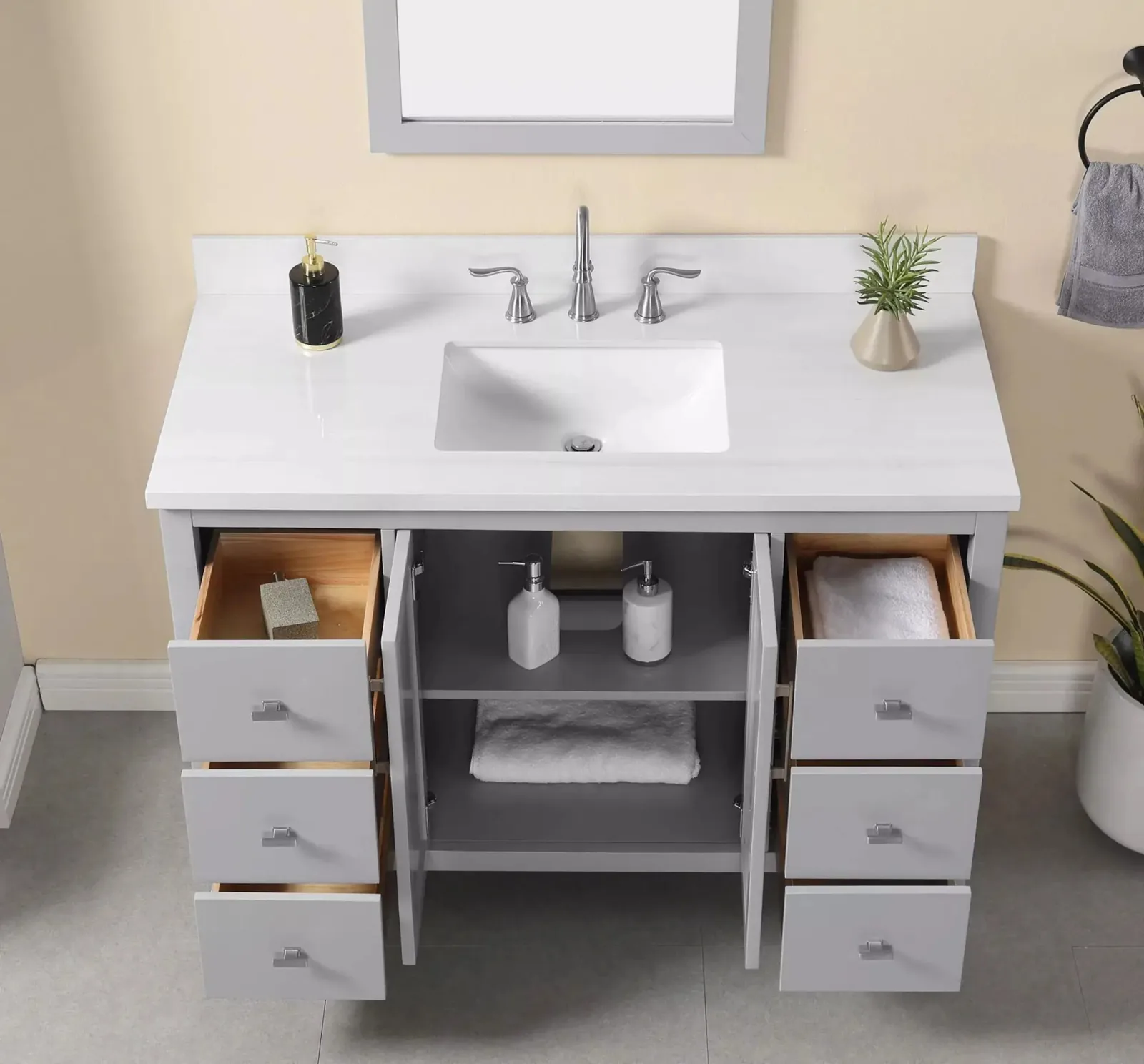 48-inch light gray vanity with drawers and doors open to show storage