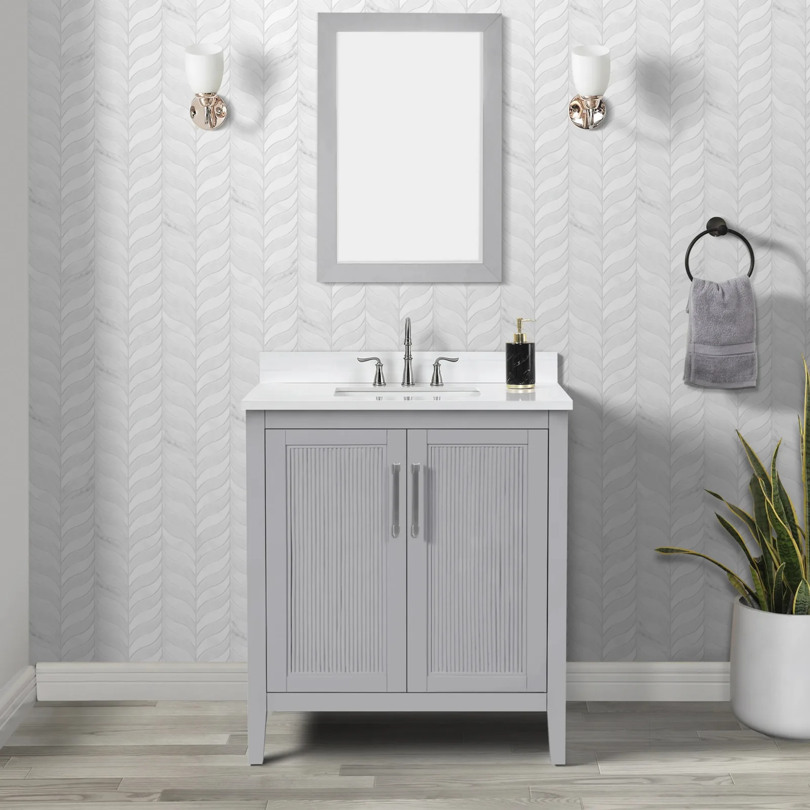 30-inch light gray single-sink vanity with Carrara-look sintered stone top