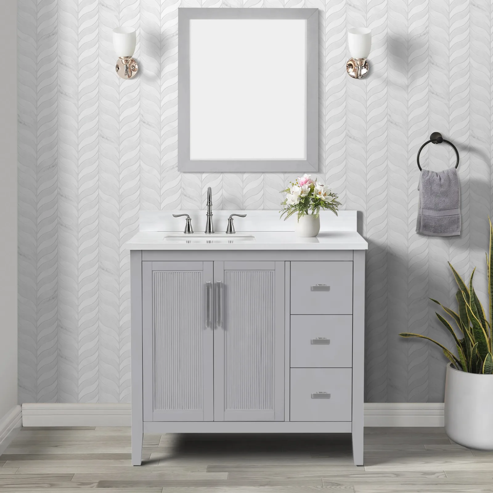 36-inch light gray vanity with sintered stone top, two doors and three drawers