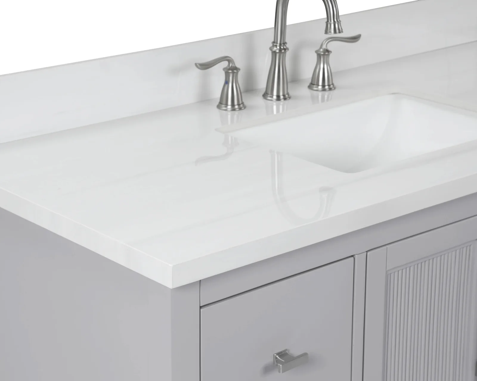 Close-up of the vanity Carrara-look sintered stone top and undermount sink