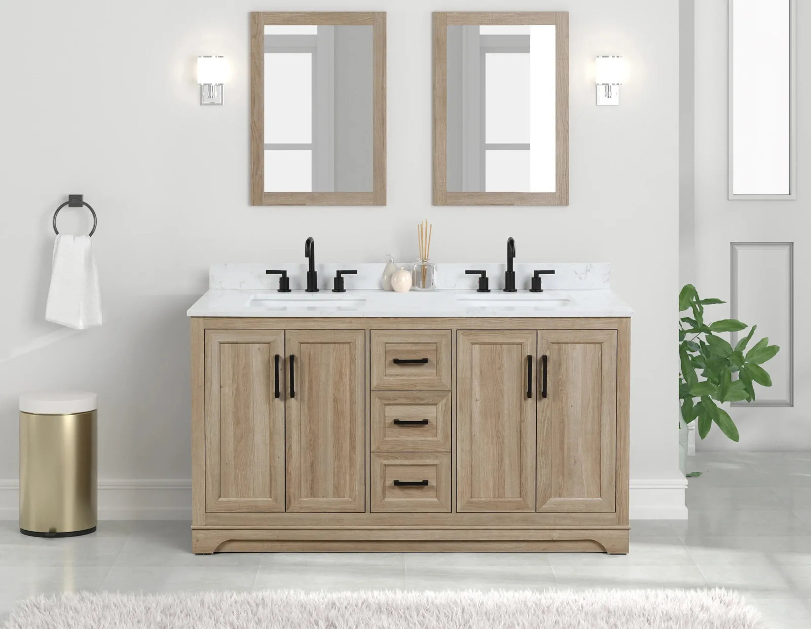 A light wood double-sink vanity with a white top and backsplash under two mirrors
