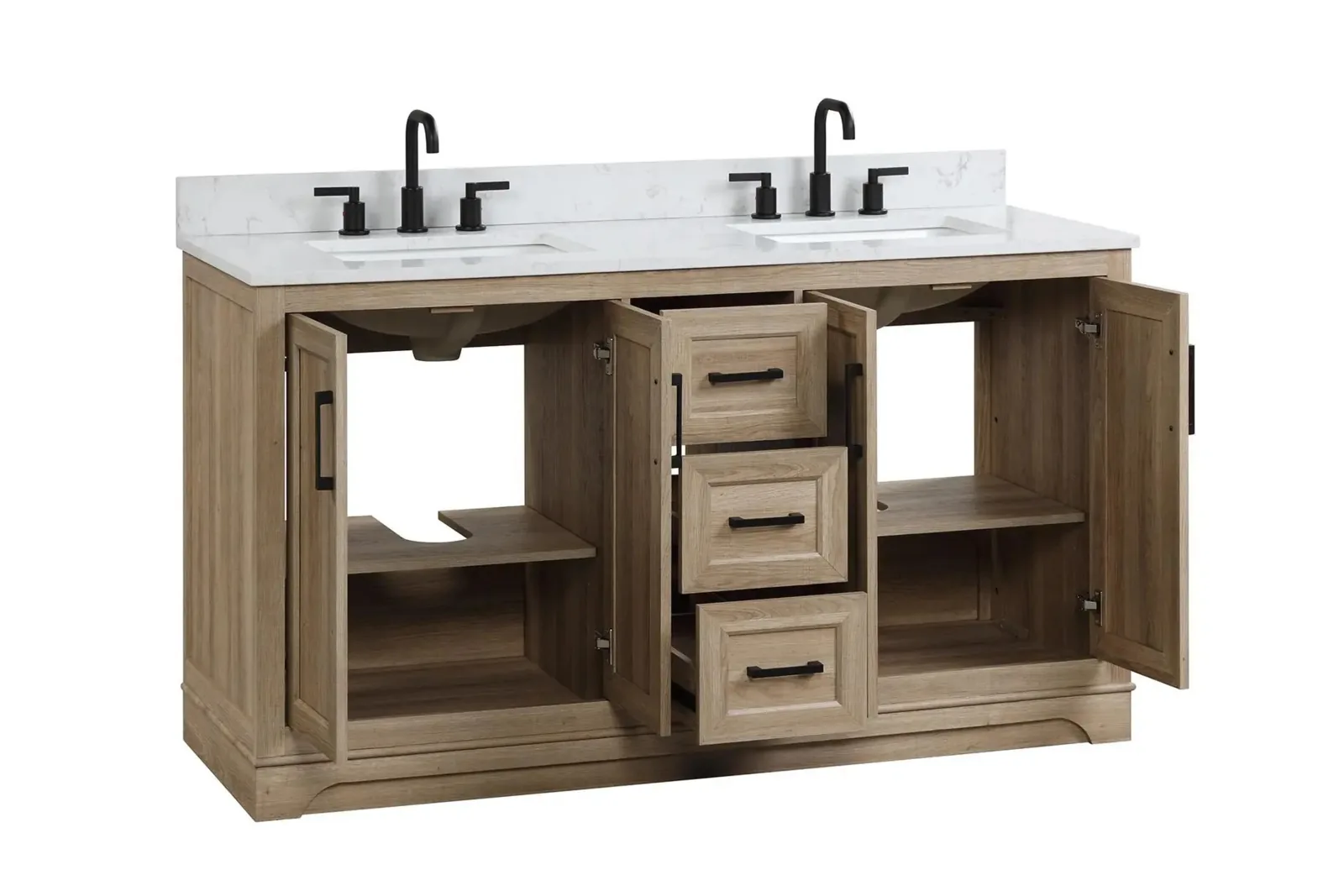 60-inch light wood vanity with doors and drawers open to show storage