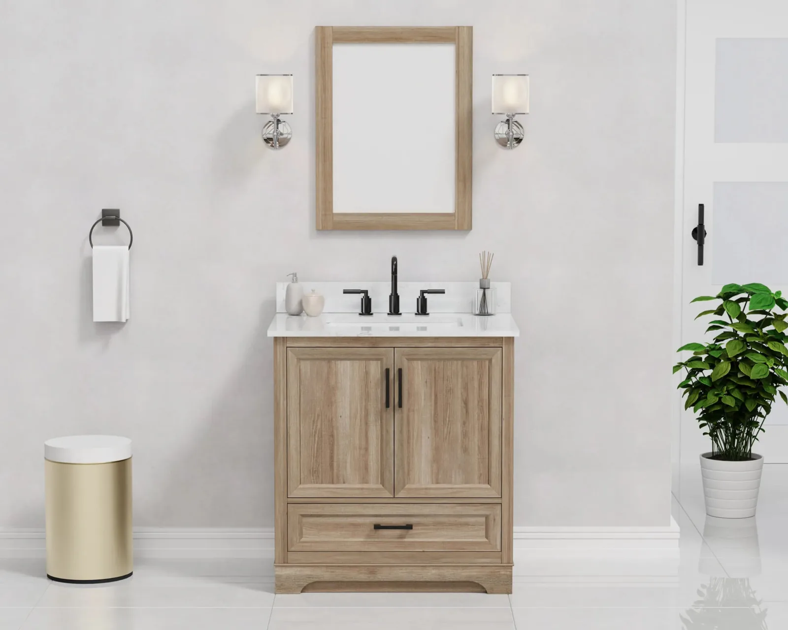 30-inch light wood single-sink vanity with Carrara engineered stone top, shown in a bathroom