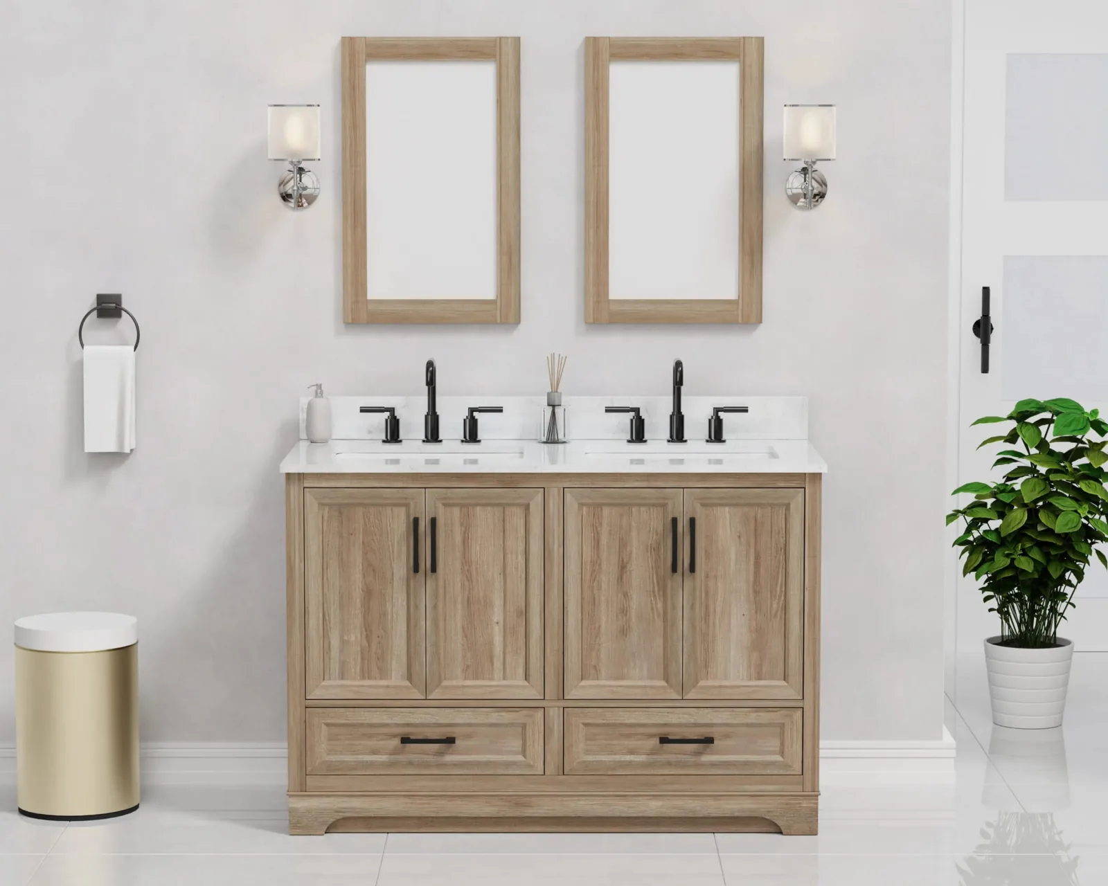 48-inch double-sink vanity in light wood finish with Carrara engineered stone top