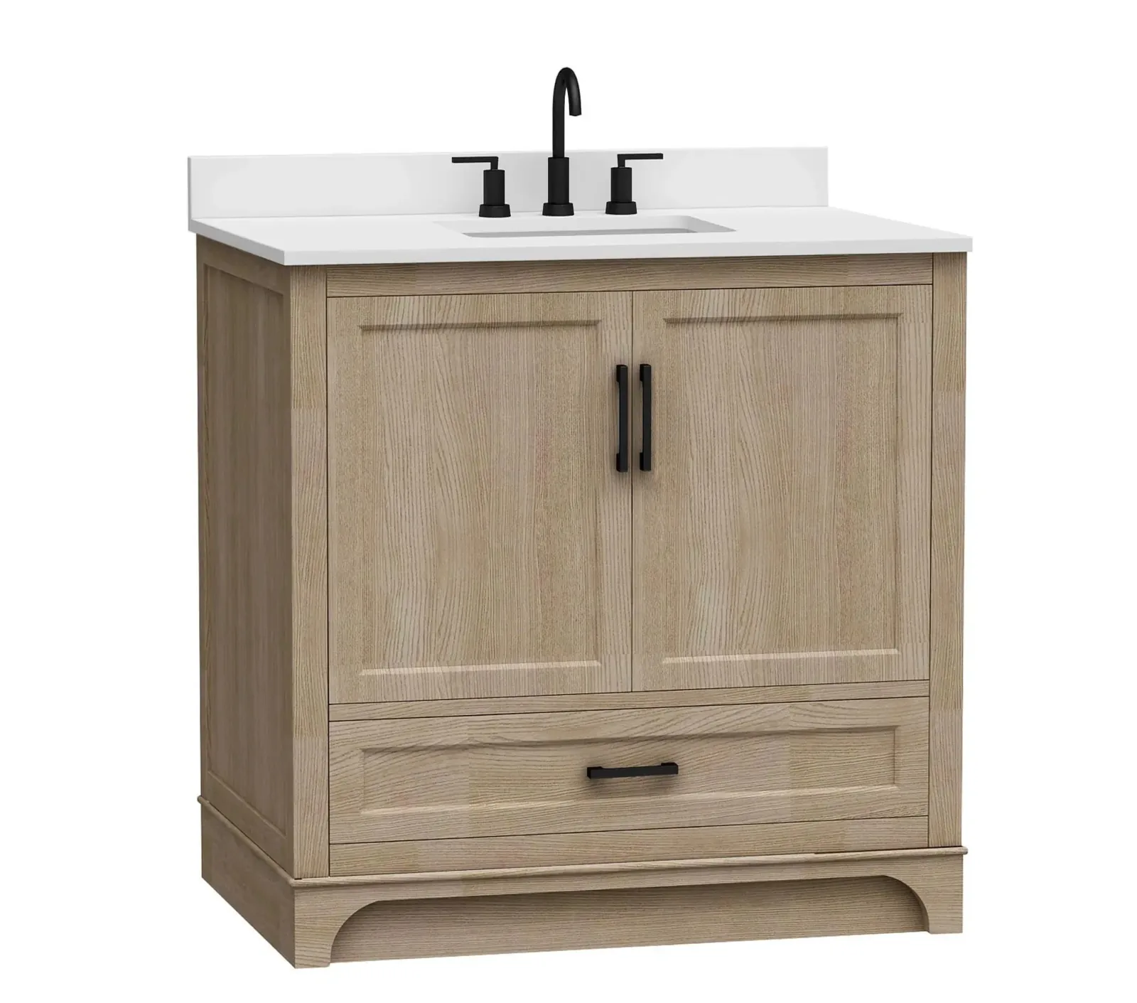 36-inch light wood vanity, front view, with Carrara engineered stone top and 4-inch backsplash