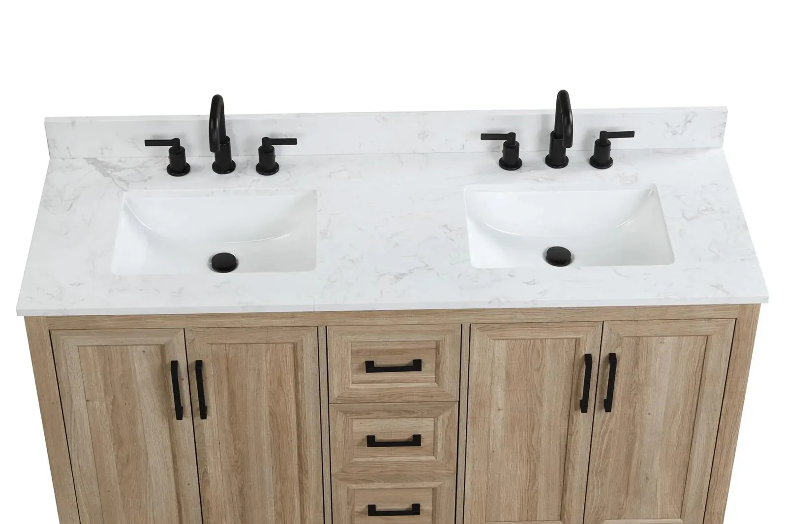 Two sinks set into the 60-inch vanity Carrara engineered stone top