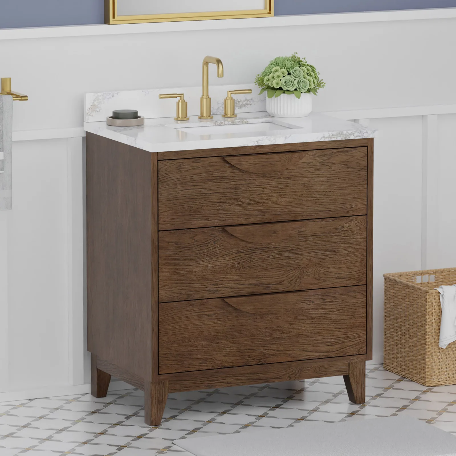 30 inch natural teak bathroom vanity with three drawers and marble-look quartz top