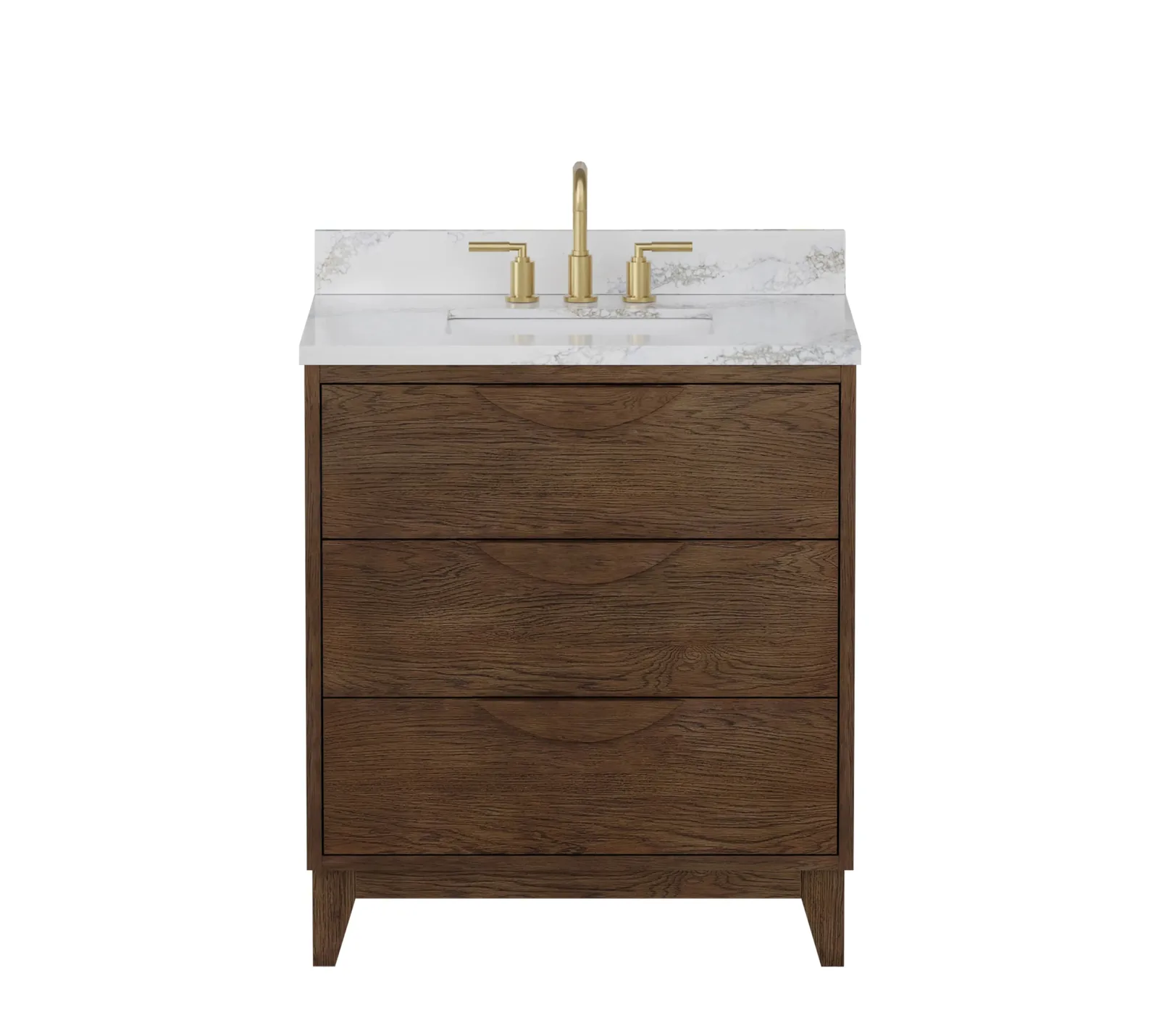 Front view of the 30 inch single-sink vanity in natural teak with marble-look quartz top and backsplash