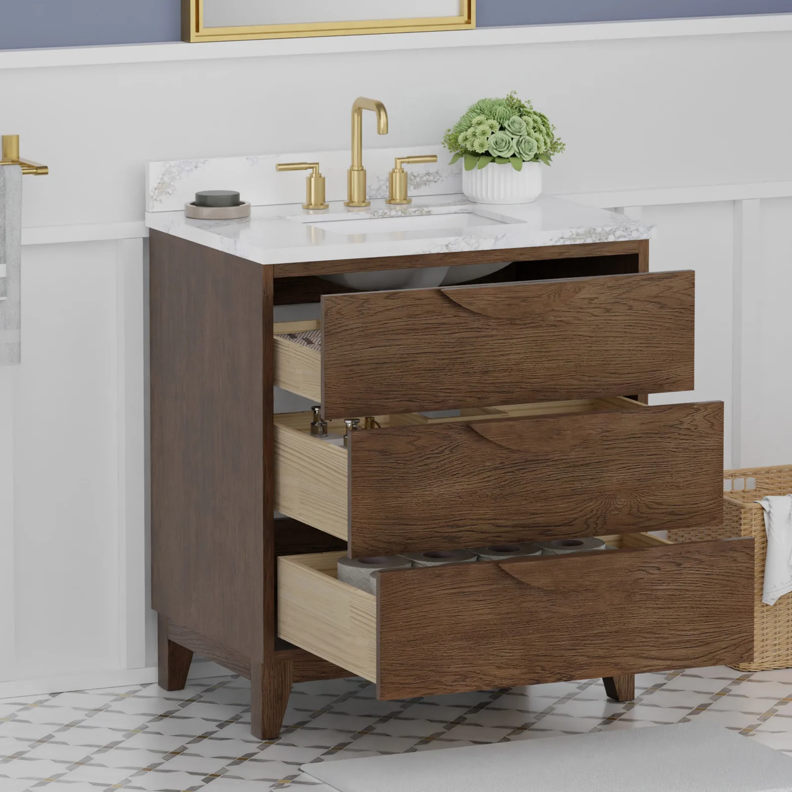 30 inch teak vanity with all three soft-close drawers open, including U-shaped drawers around the plumbing