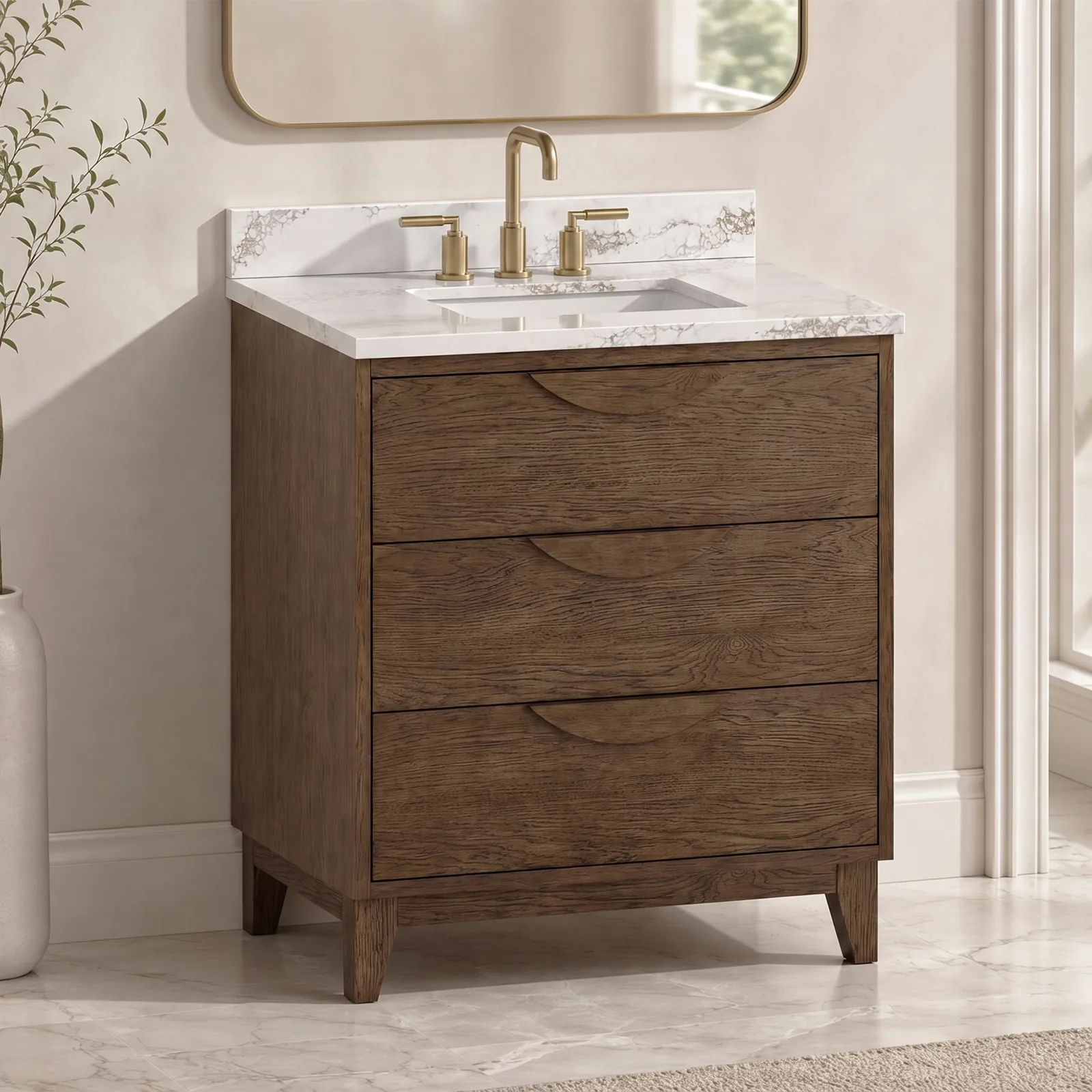 30 inch natural teak vanity with veined marble-look quartz top in a neutral bathroom