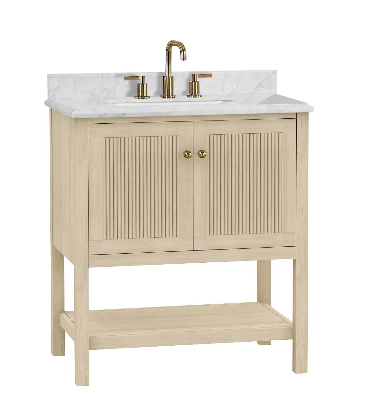 30-inch natural wood vanity with two fluted doors, an open shelf and a Bianco Carrara marble top, front view