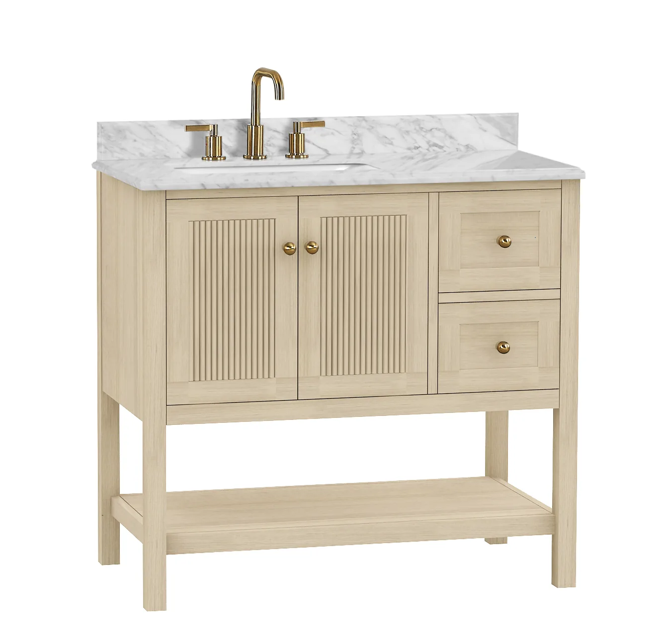 36-inch natural wood vanity with two fluted doors, two drawers on the right, an open shelf and a Carrara marble top