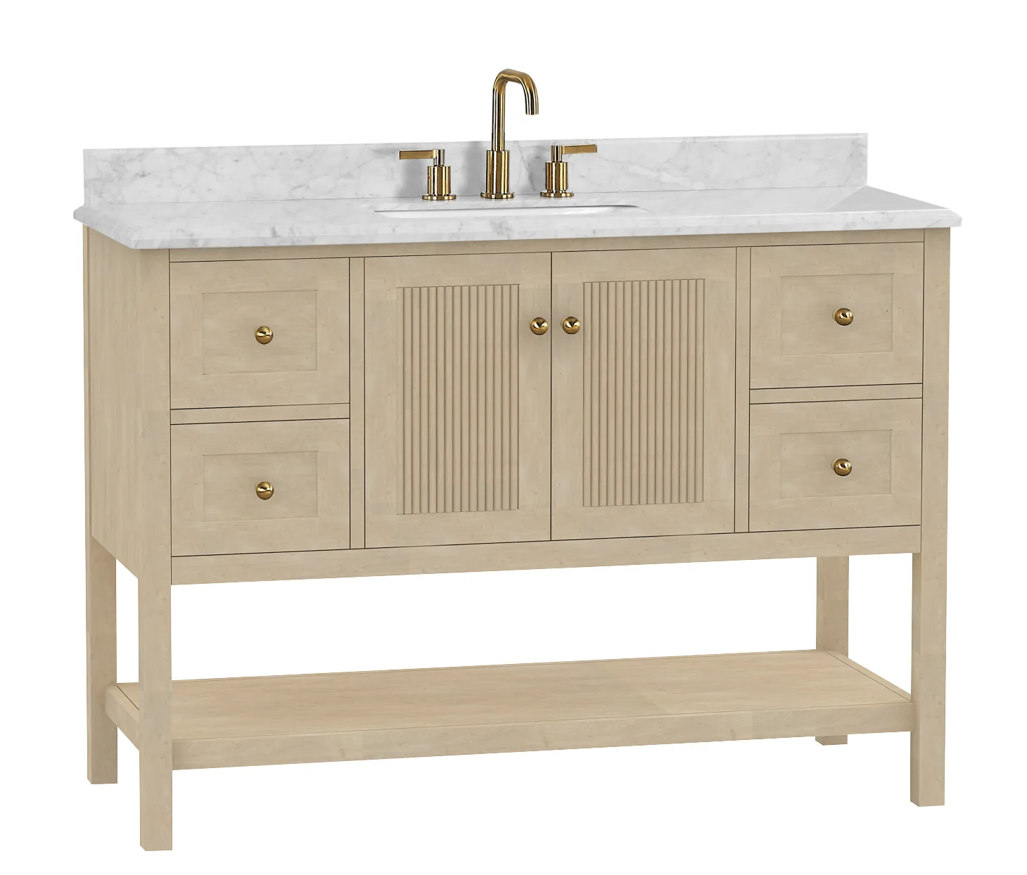 48-inch natural wood vanity with center fluted doors between two pairs of drawers, an open shelf and a Carrara marble top