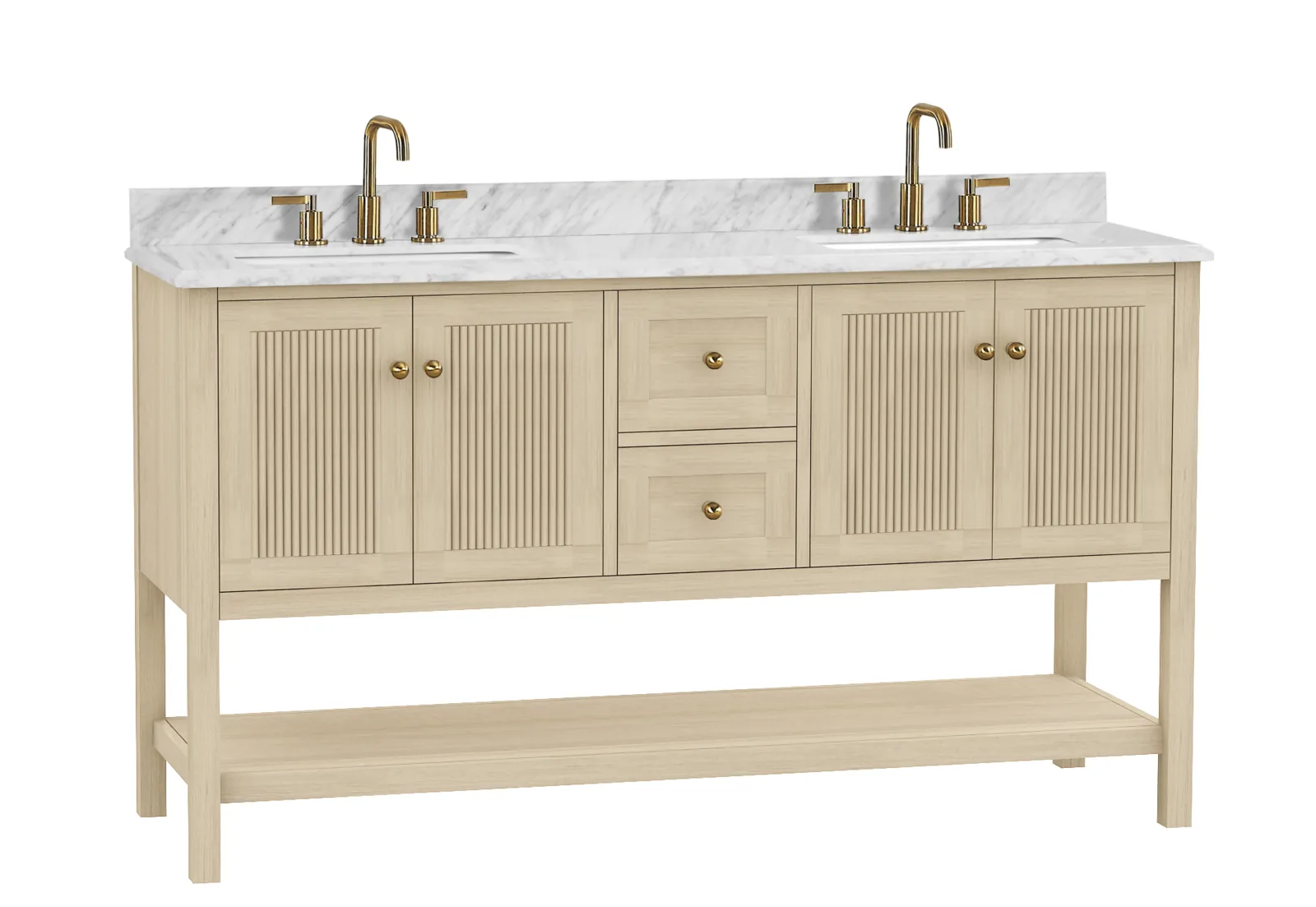 60-inch natural wood vanity with two sinks, two pairs of fluted doors, center drawers and an open shelf