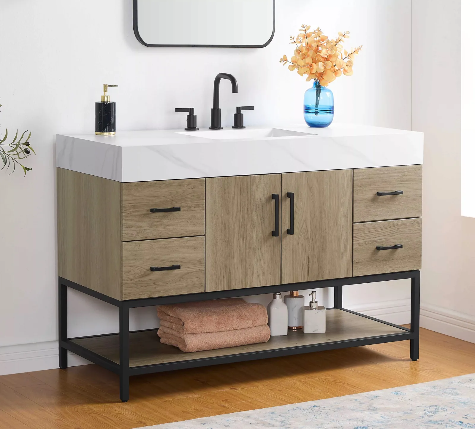 Oak & black frame bathroom vanity