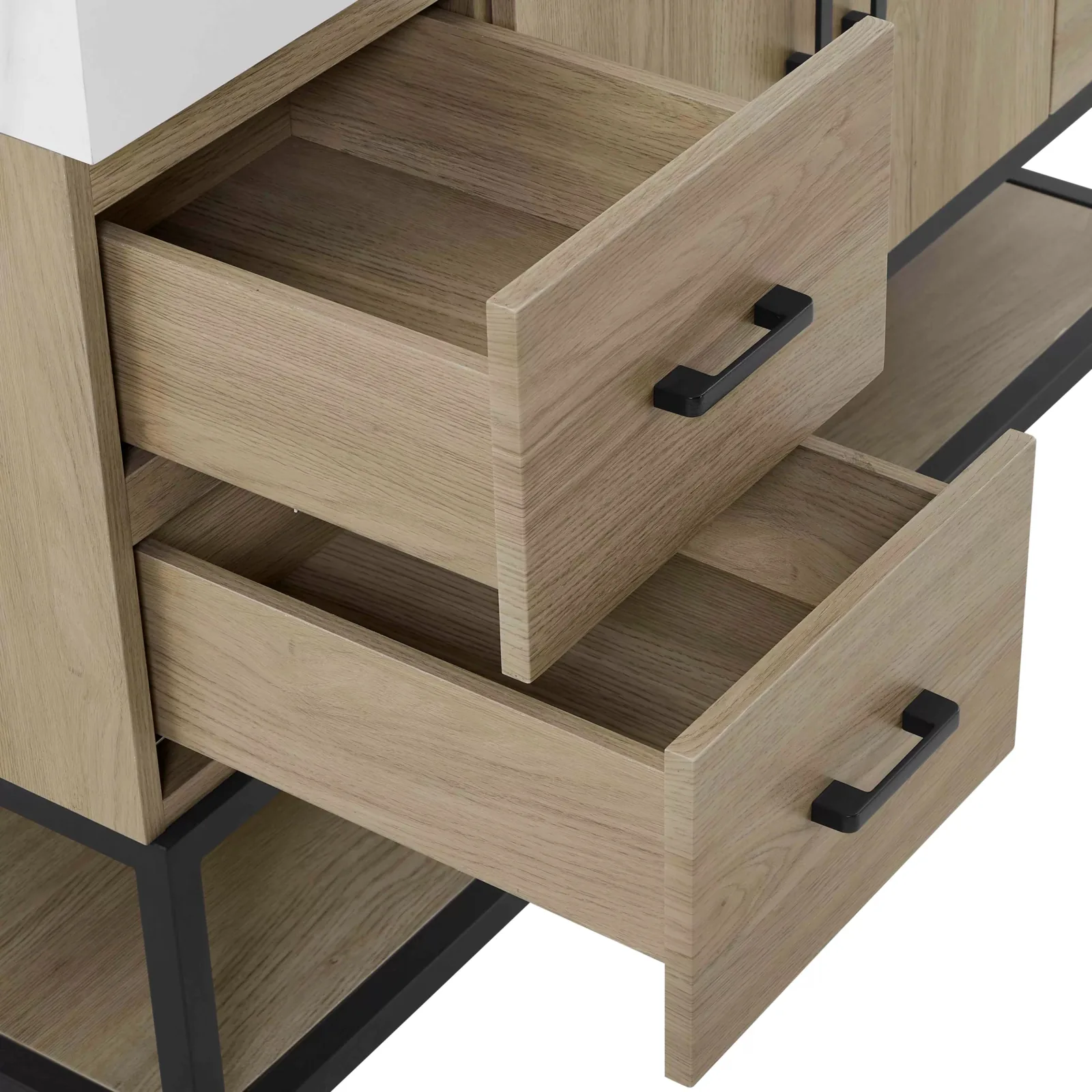 Close-up of the vanity's soft-close drawers with matte black handles
