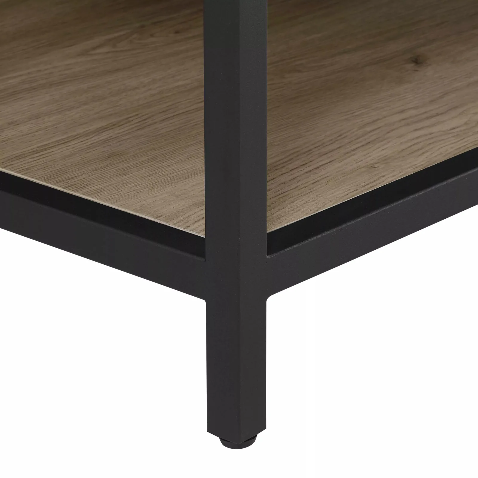 Black metal leg and open lower shelf on the freestanding vanity