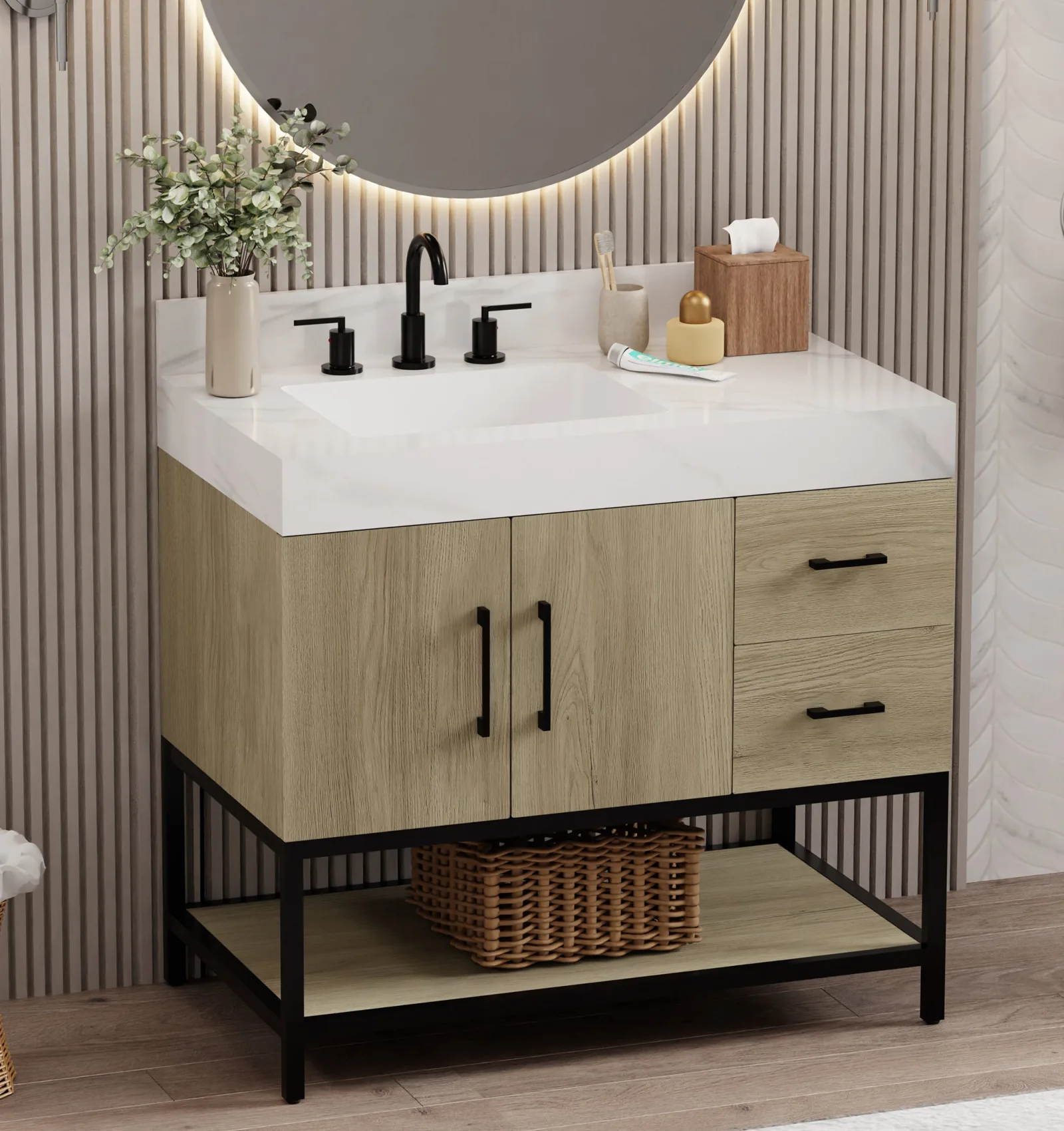 36-inch freestanding vanity with Calacatta sintered stone top, two doors, two drawers and open metal shelf