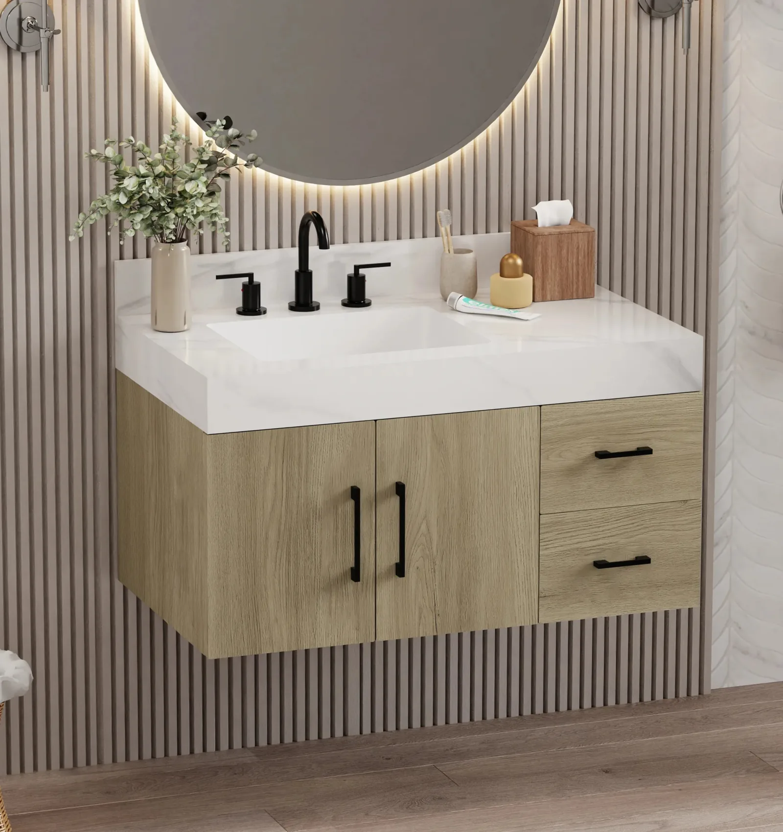 36-inch floating wall-mounted vanity with Calacatta sintered stone top, two doors and two drawers