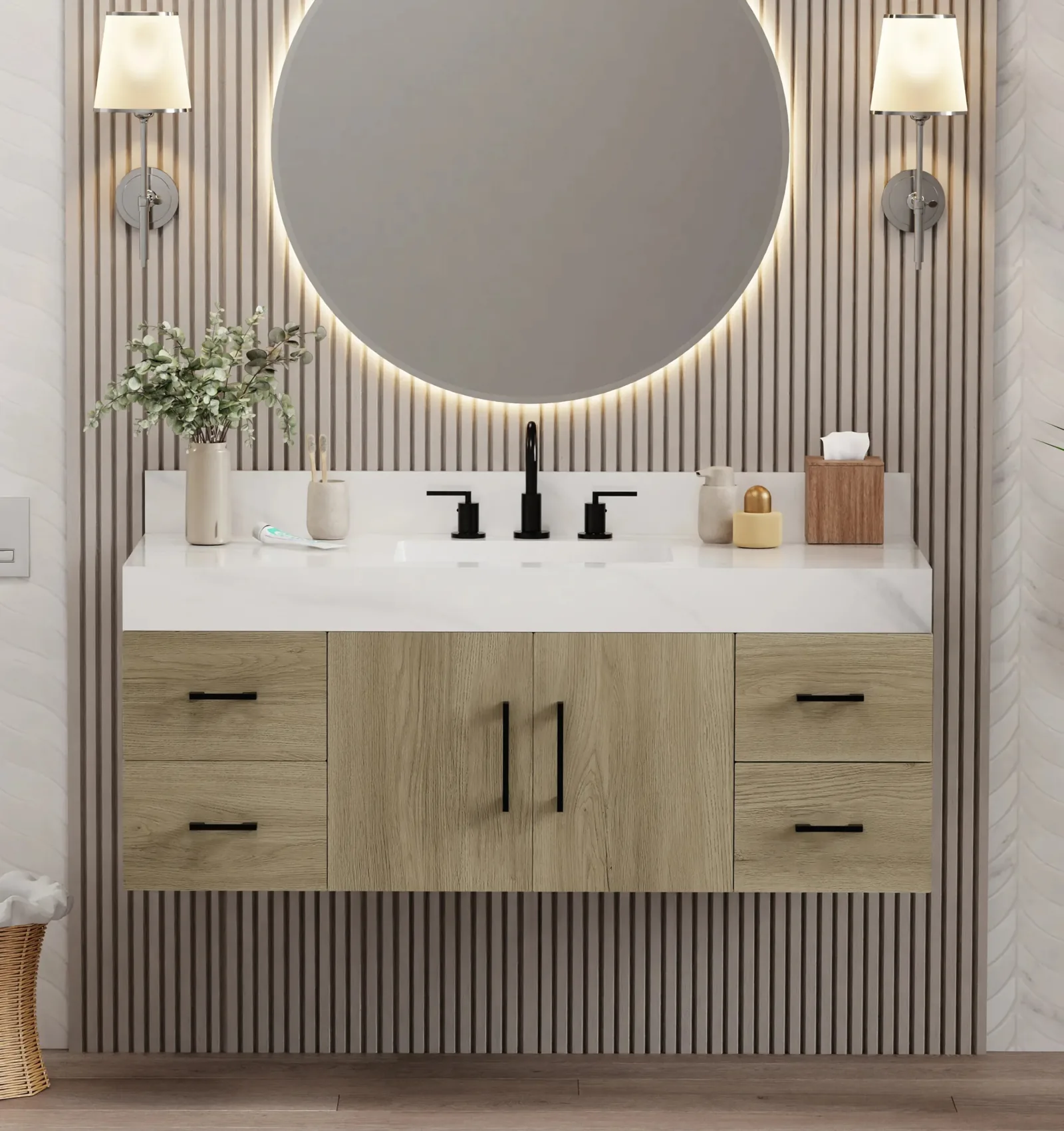48-inch floating wall-mounted vanity with Calacatta sintered stone top, four drawers and two doors