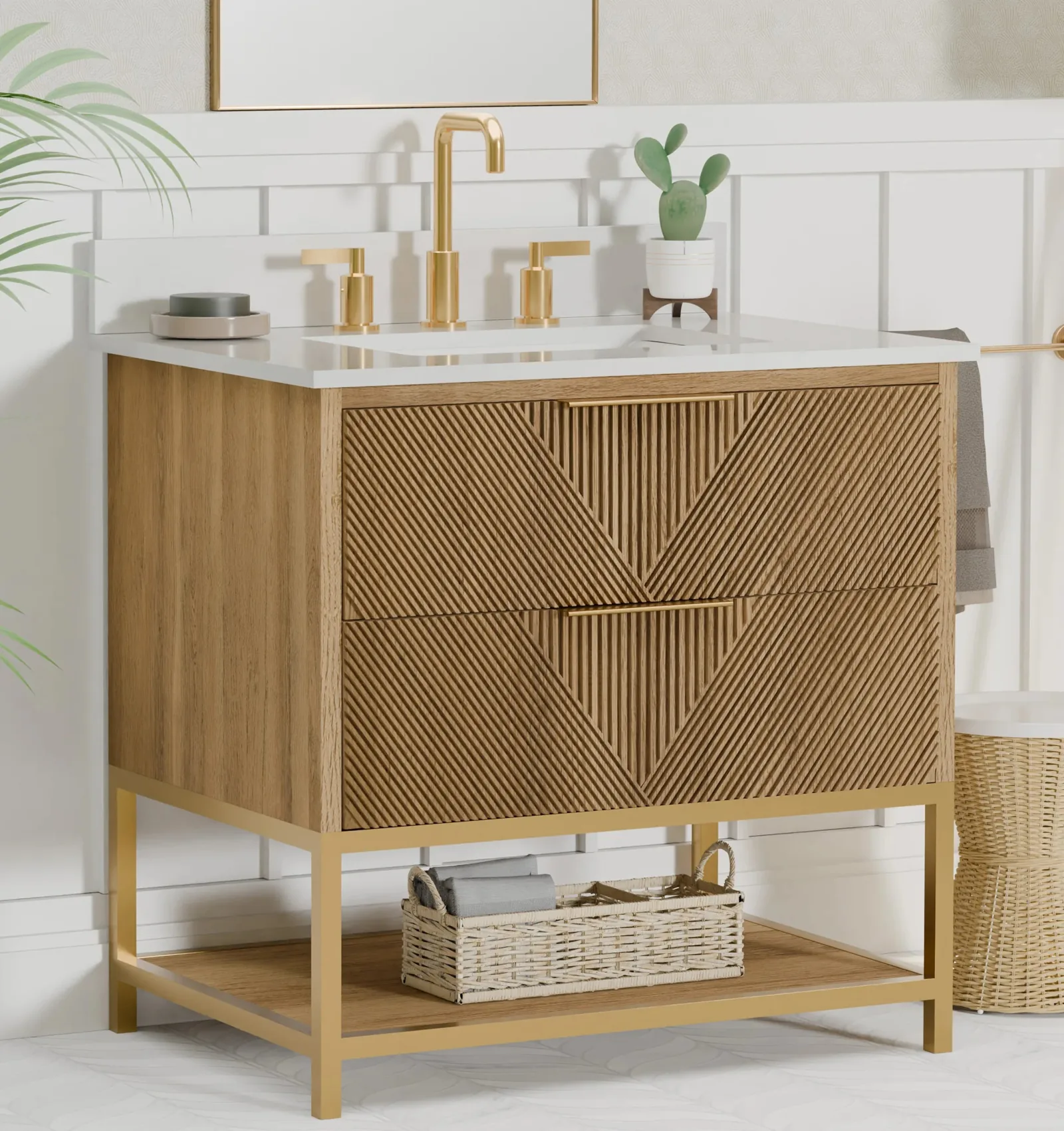 30 inch brown oak bathroom vanity with gold metal base, open shelf and pure white quartz top