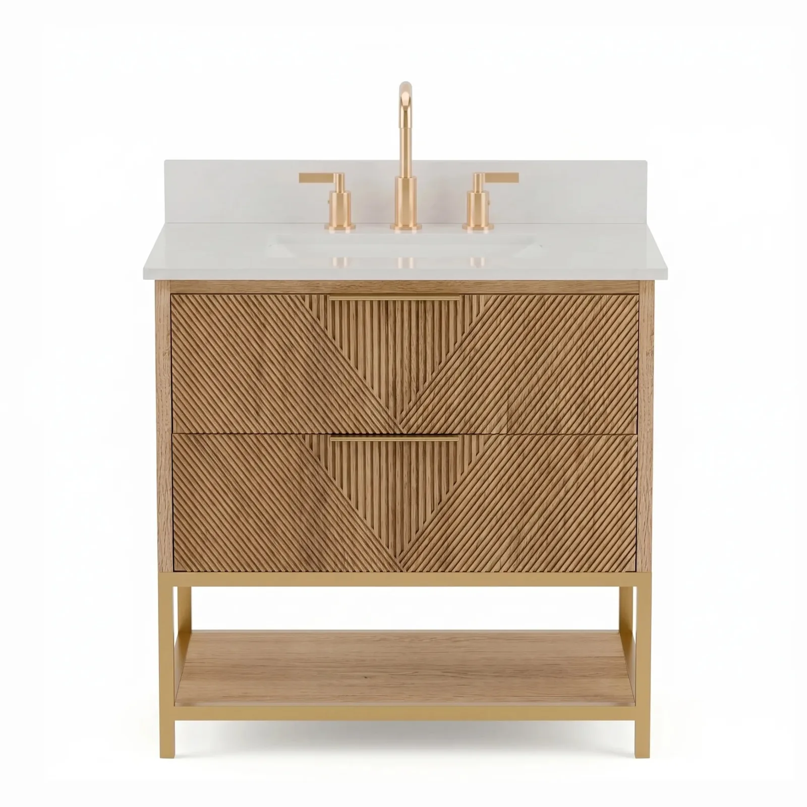Front view of the 30 inch vanity with two fluted brown oak drawers, gold base and white quartz top with backsplash