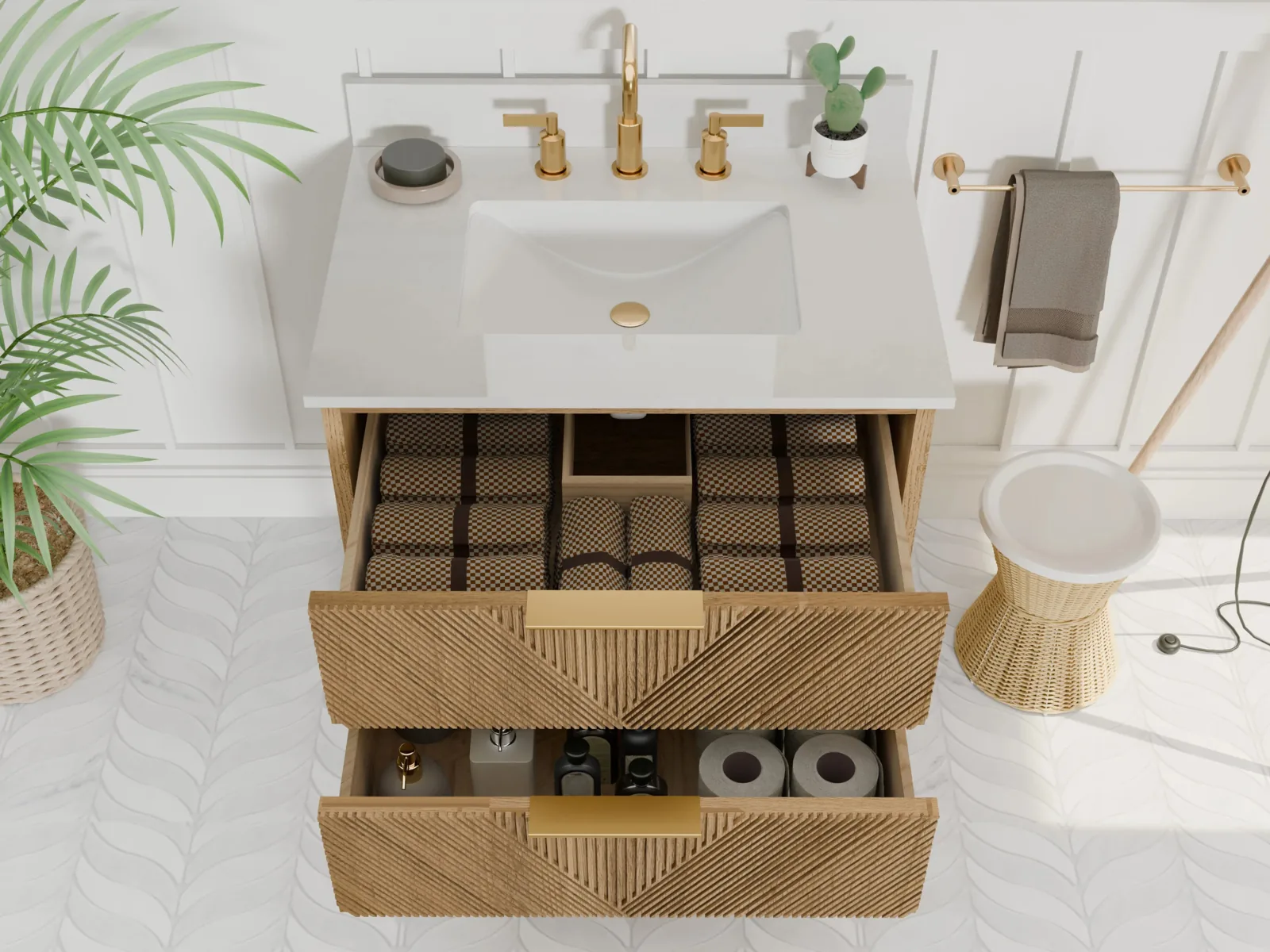 30 inch vanity with both U-shaped soft-close drawers pulled open around the sink plumbing