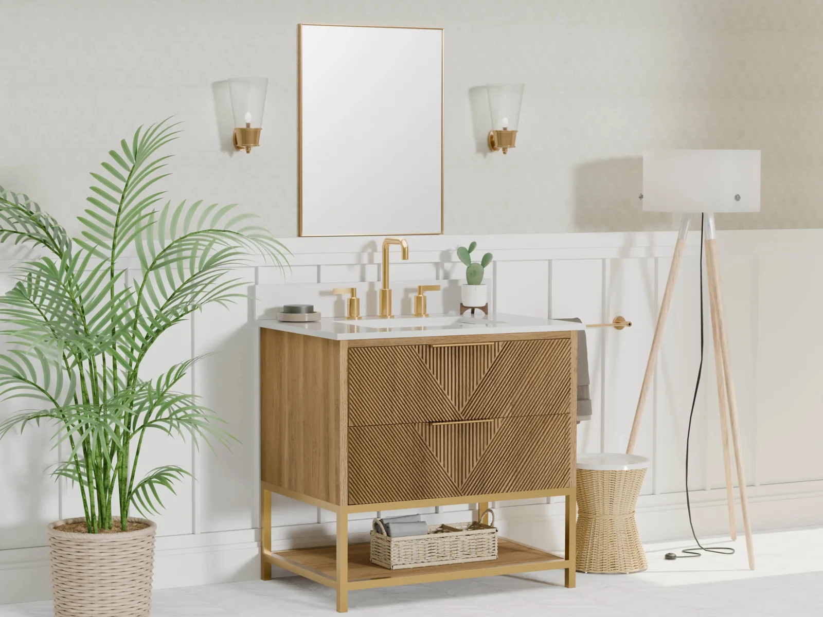 Brown oak vanity with gold pulls and a white top in a bathroom with a mirror and plants