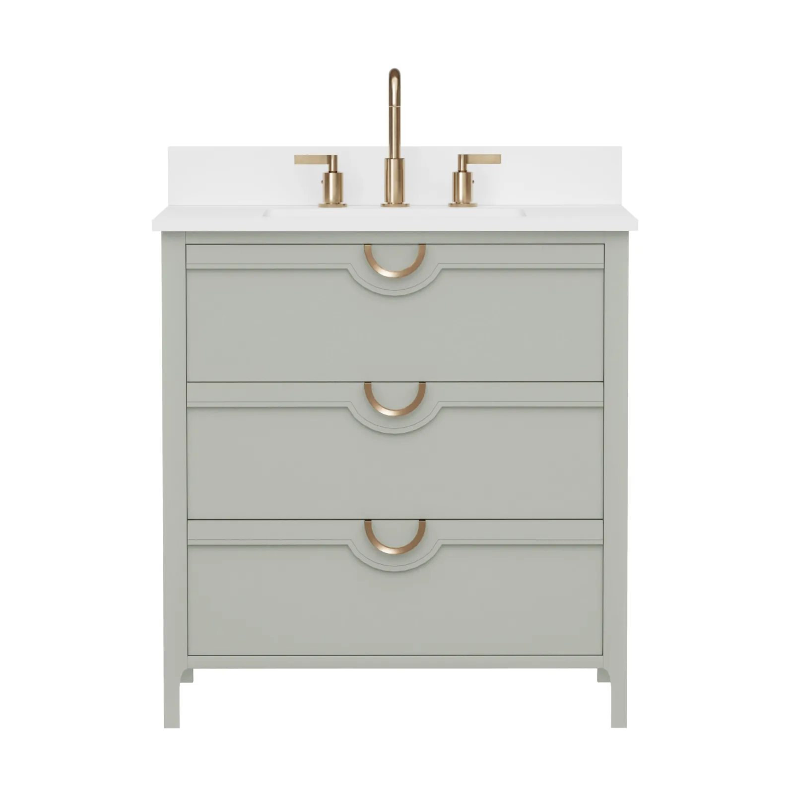 30-inch bathroom vanity in Sage Green with Pure White quartz top, 4-inch backsplash and brushed gold handles, front view