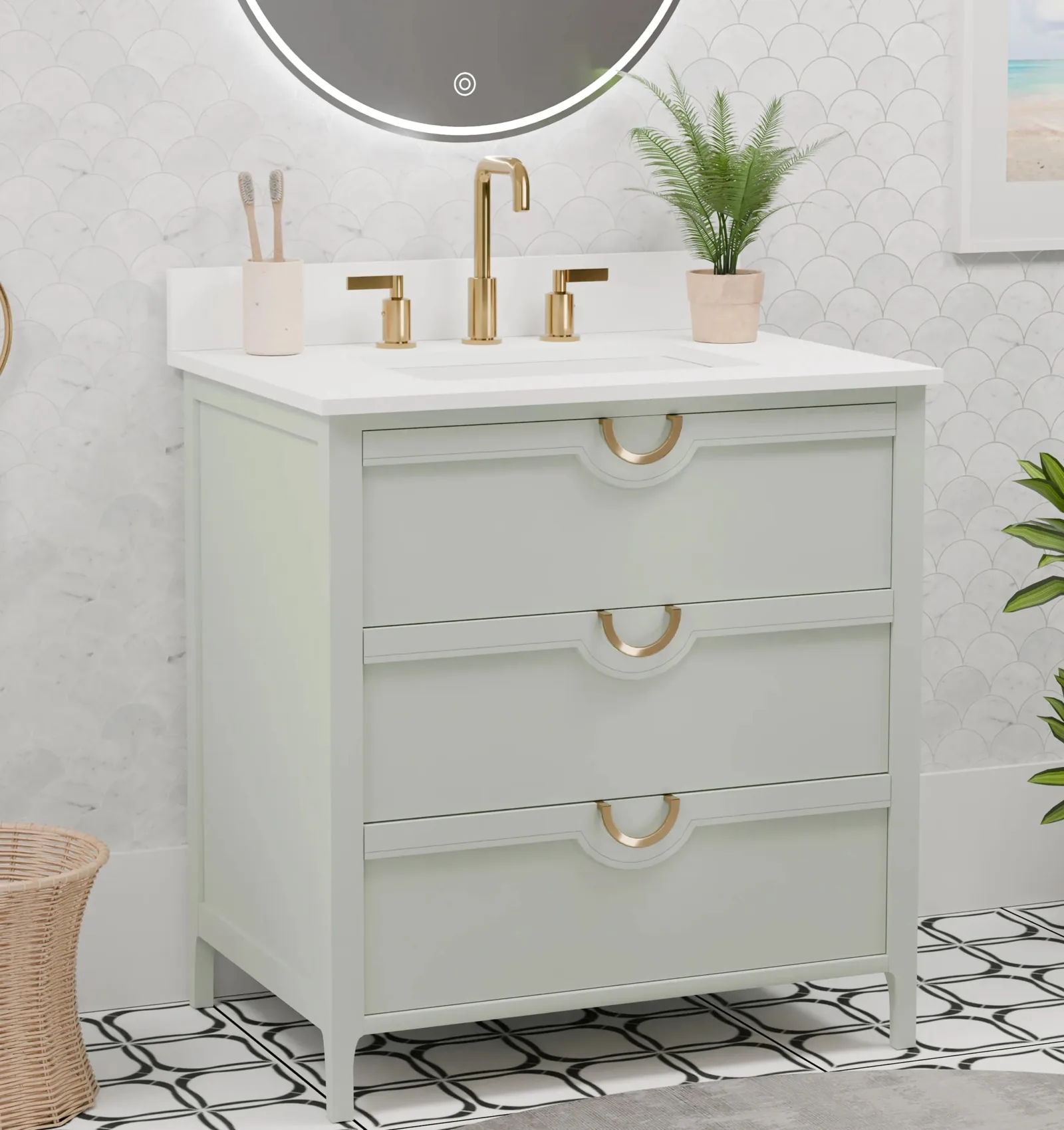30-inch Sage Green vanity with white quartz top on a black-and-white patterned tile floor, angled view