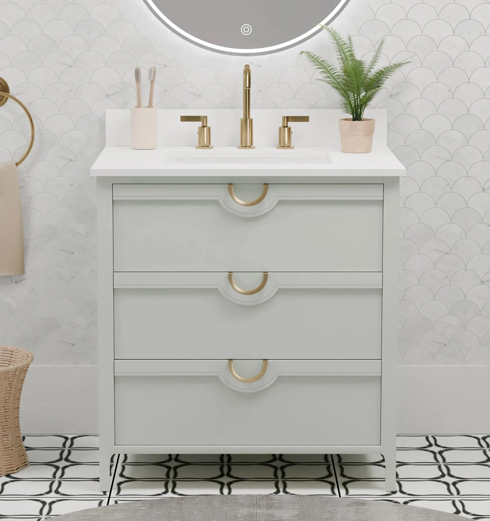30-inch Sage Green three-drawer vanity with Pure White quartz top in a bathroom
