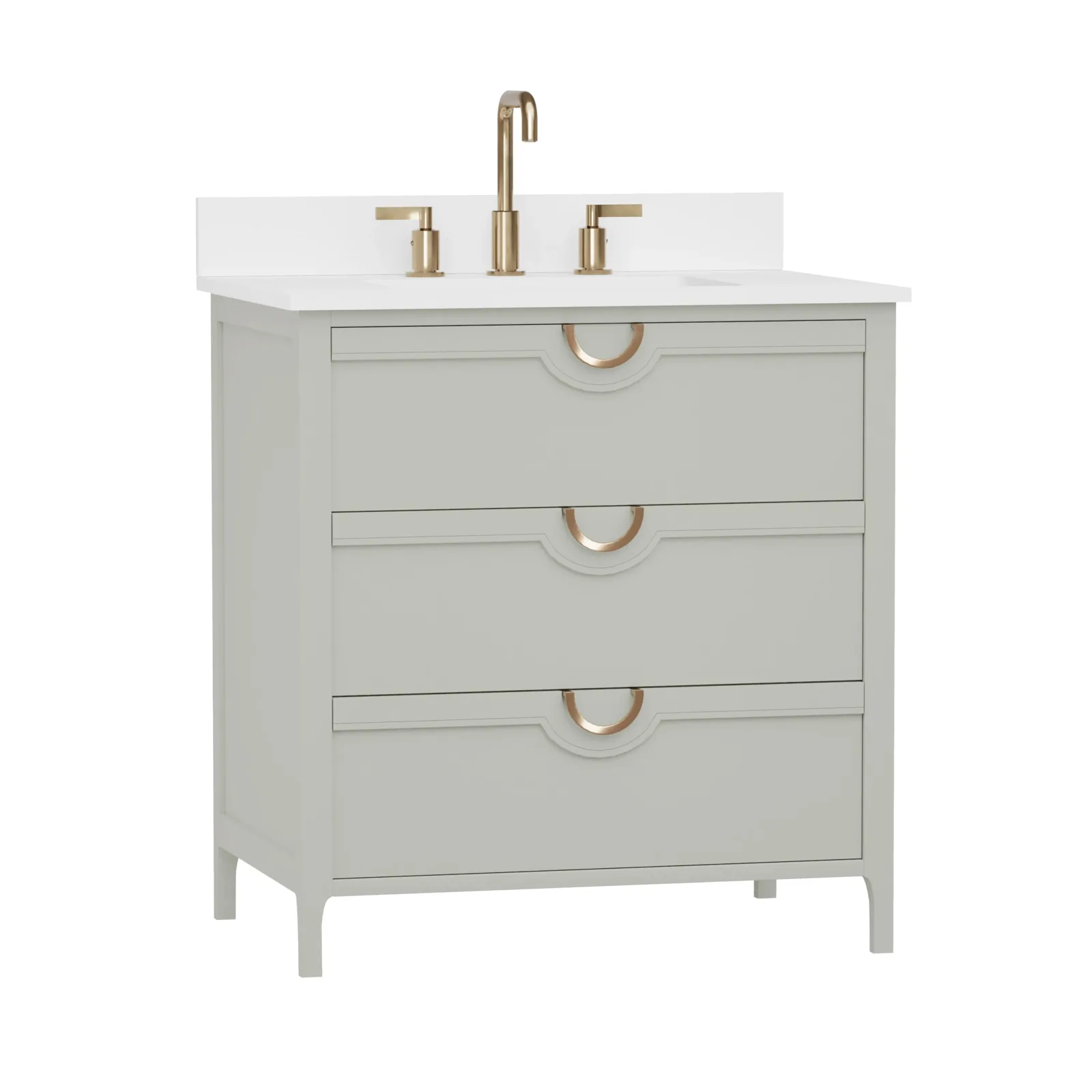 30-inch Sage Green vanity at an angle, with half-moon brushed gold pulls, tapered legs and a Pure White quartz top
