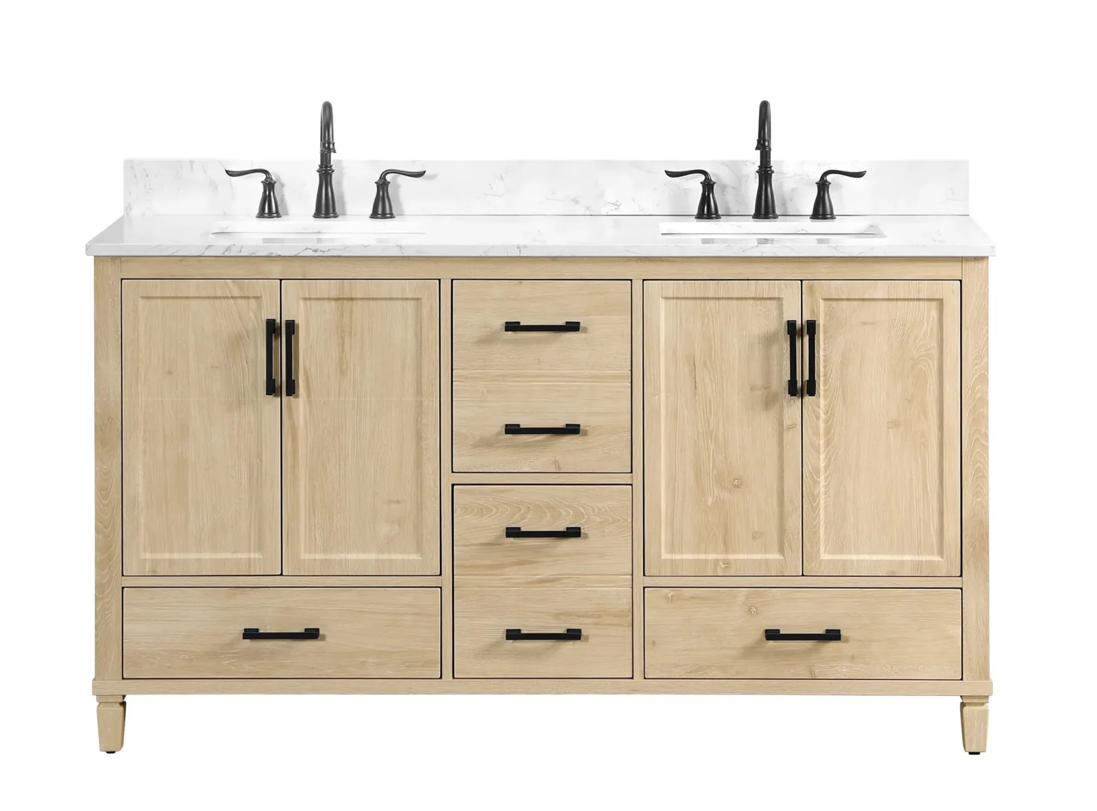 60-inch double vanity on white, with two sinks, two door pairs and a center drawer stack