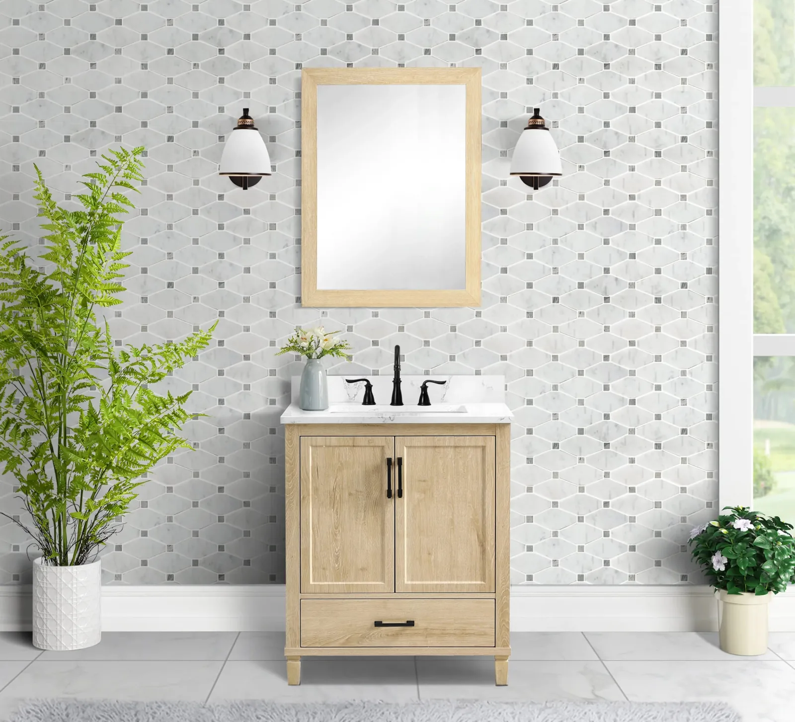 30-inch vanity with two doors and a drawer, in a bathroom with mosaic wall tile
