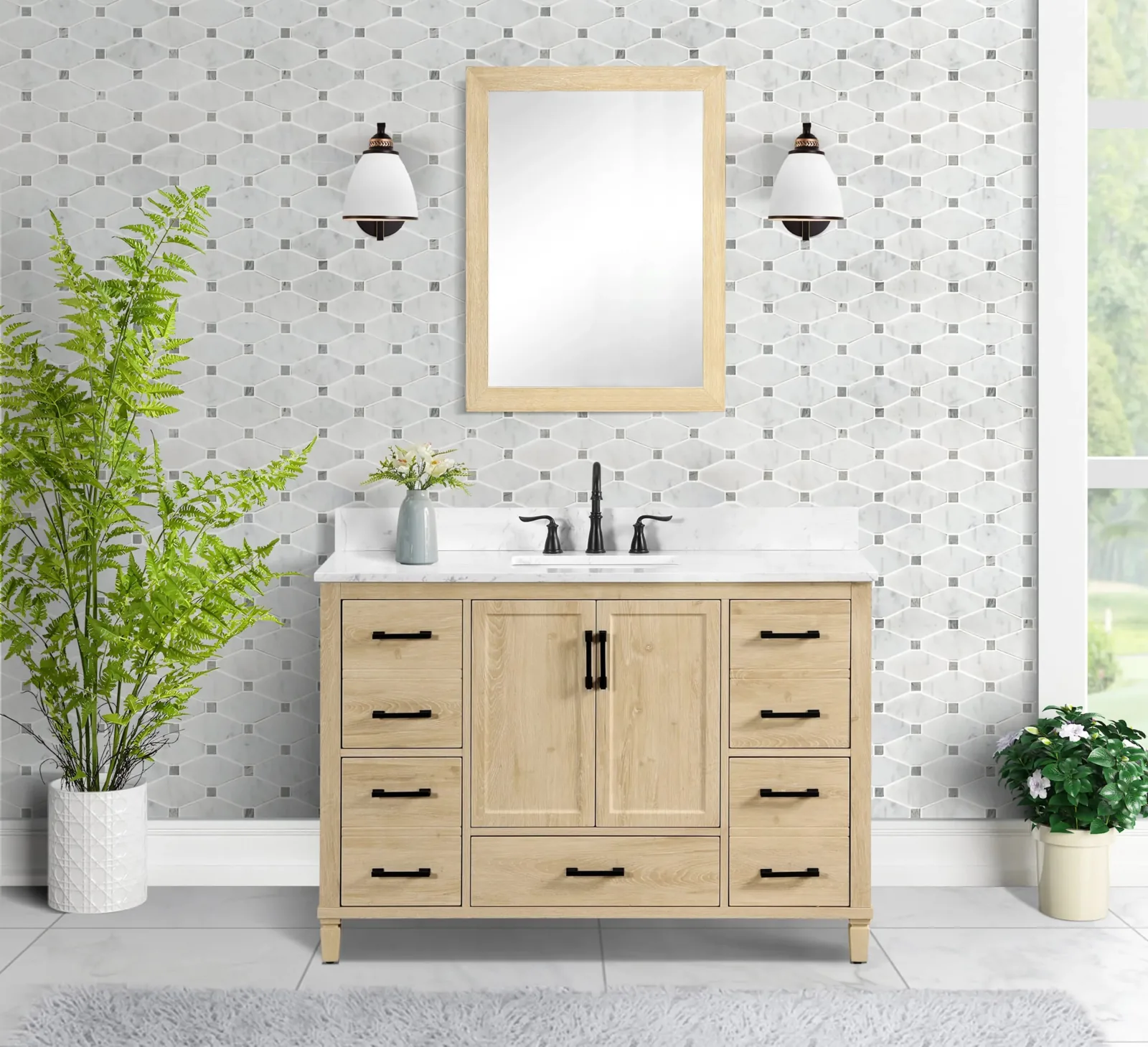 48-inch vanity with drawer columns on both sides, in a bathroom with mosaic wall tile