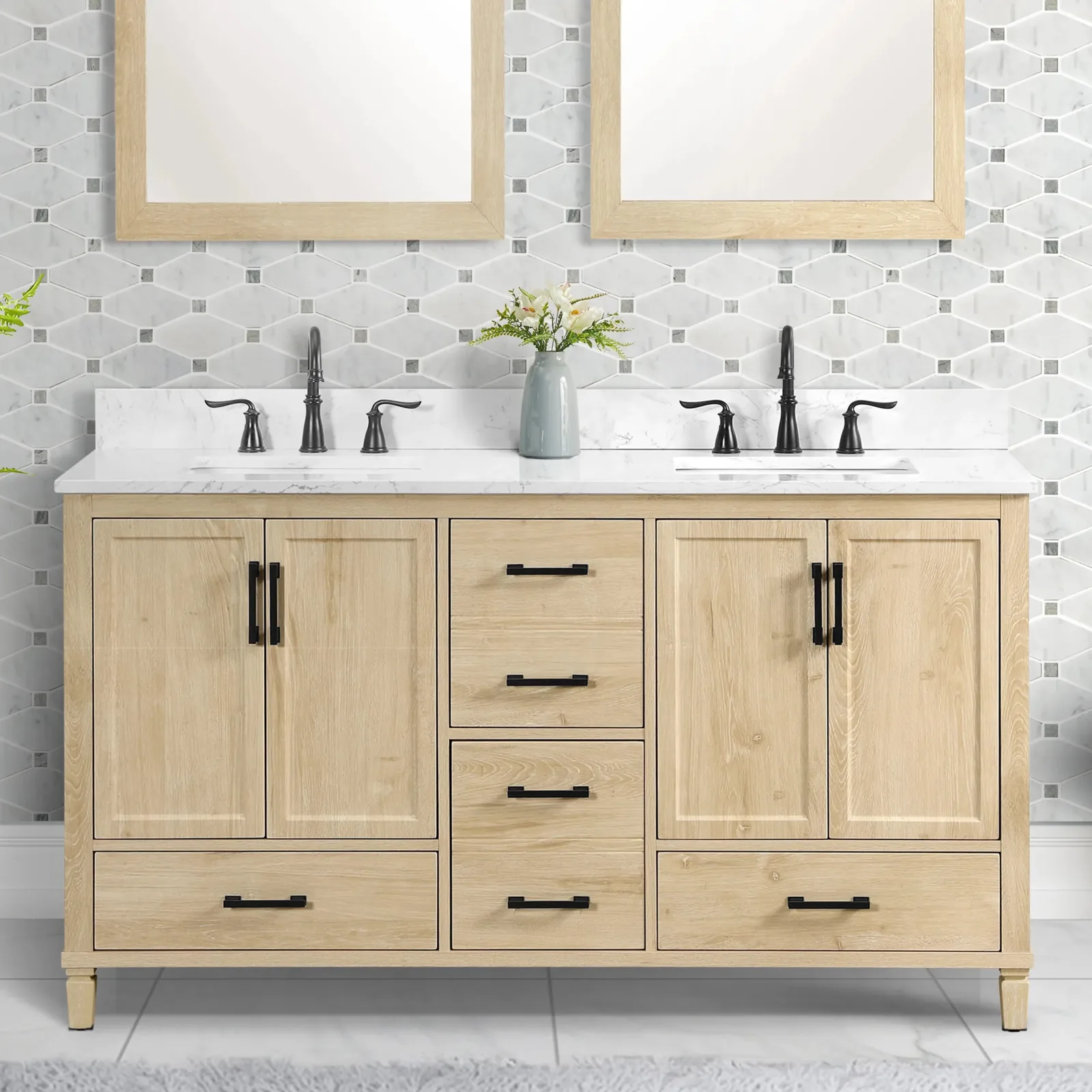 60-inch double vanity with two sinks and matte black handles, close front view