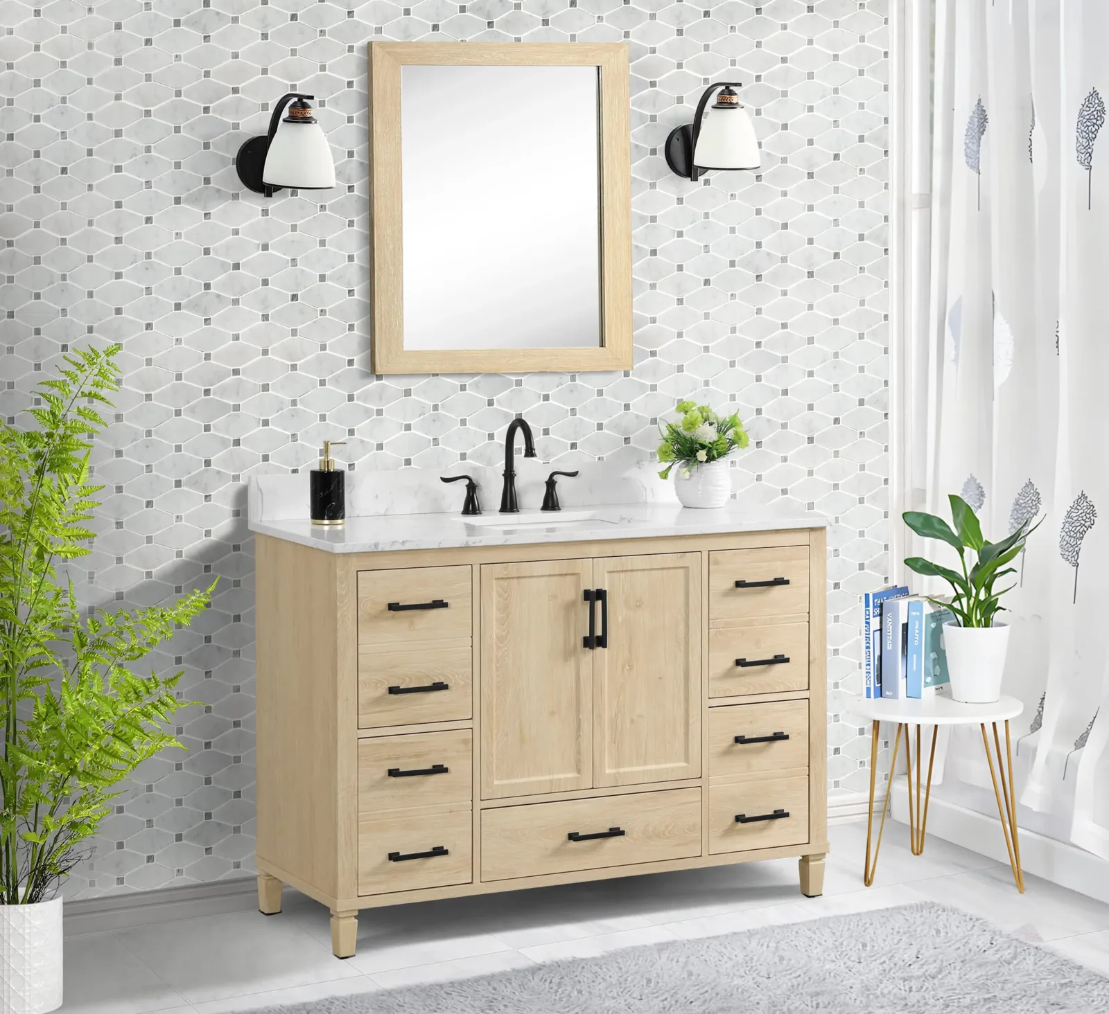 48-inch light wood vanity with Carrara engineered stone top, five drawers and two doors