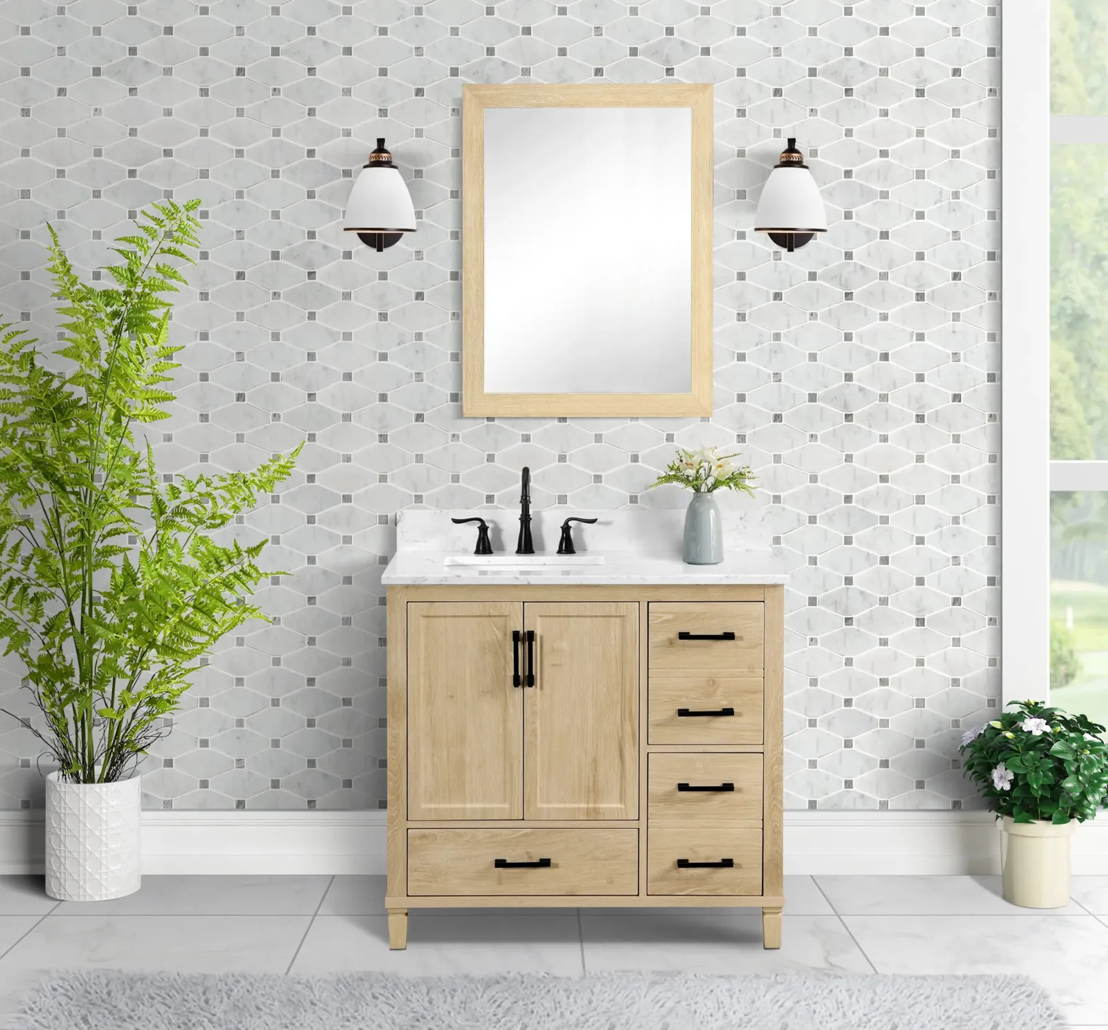 36-inch light wood vanity with Carrara white engineered stone top, shown in a bathroom