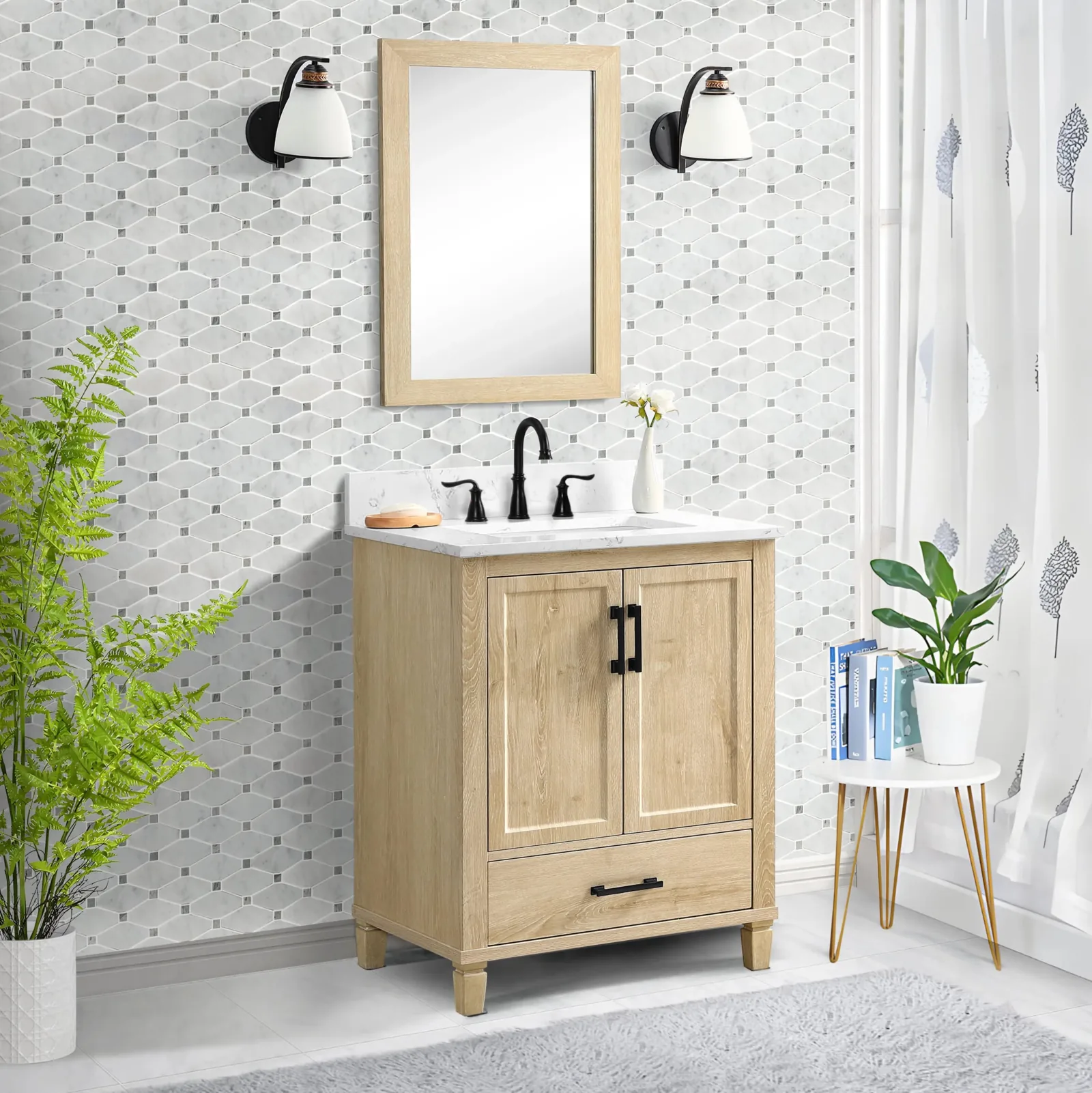 30-inch light wood single-sink vanity with Carrara white engineered stone top