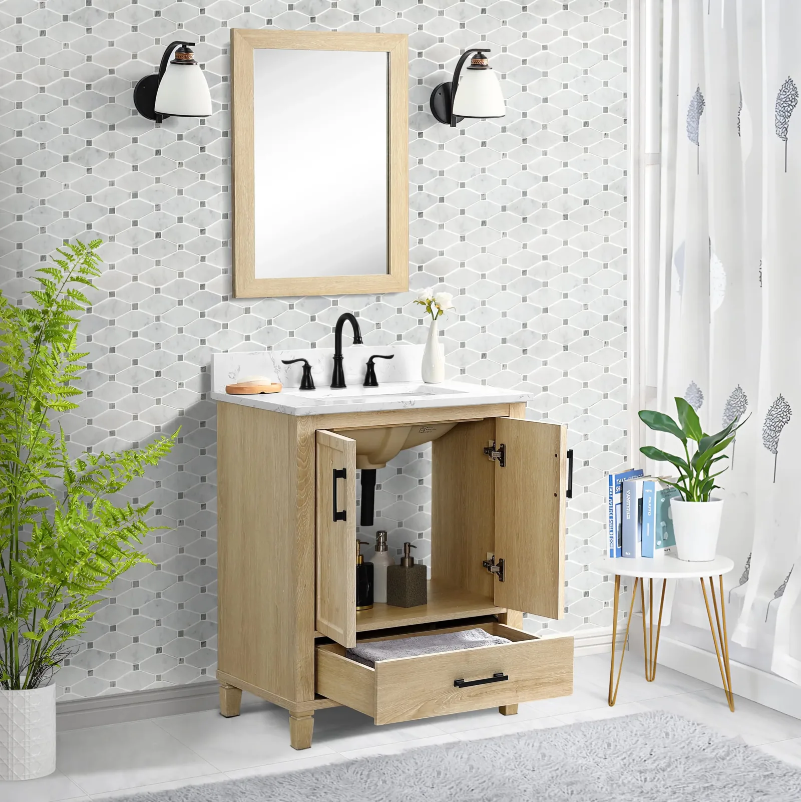 30-inch light wood vanity with doors and drawer open