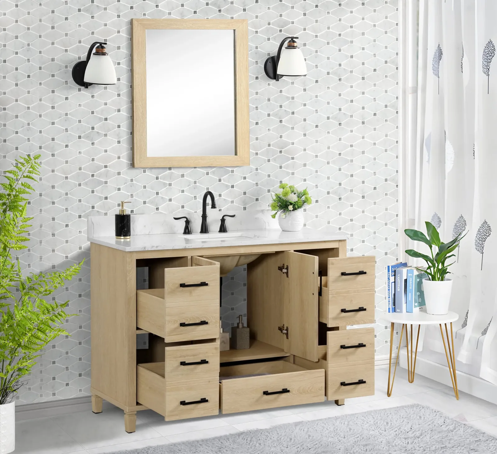 48-inch light wood vanity with drawers and doors open to show storage