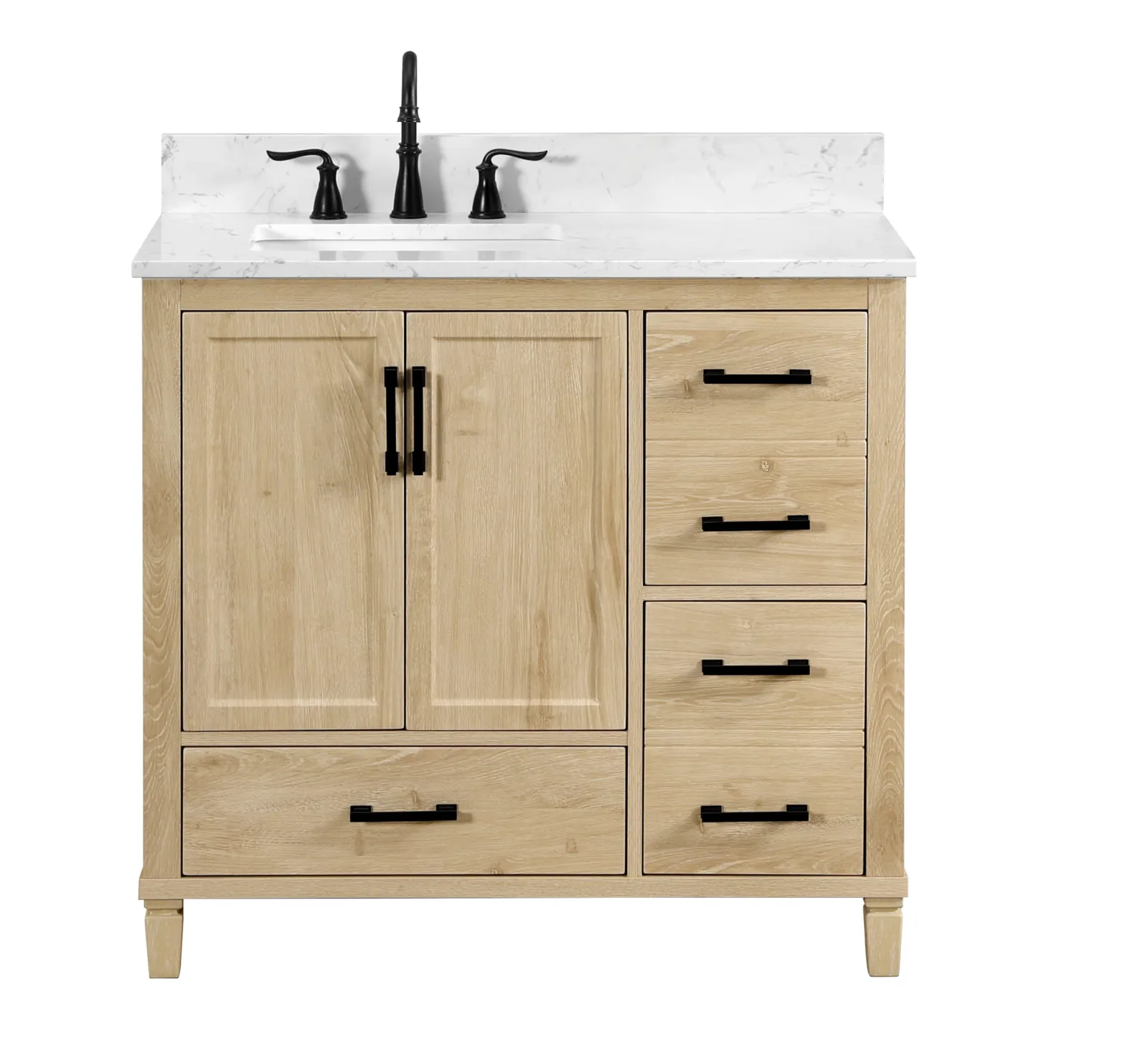 36-inch light wood vanity on white, with two doors over a drawer, a side drawer column and a Carrara top