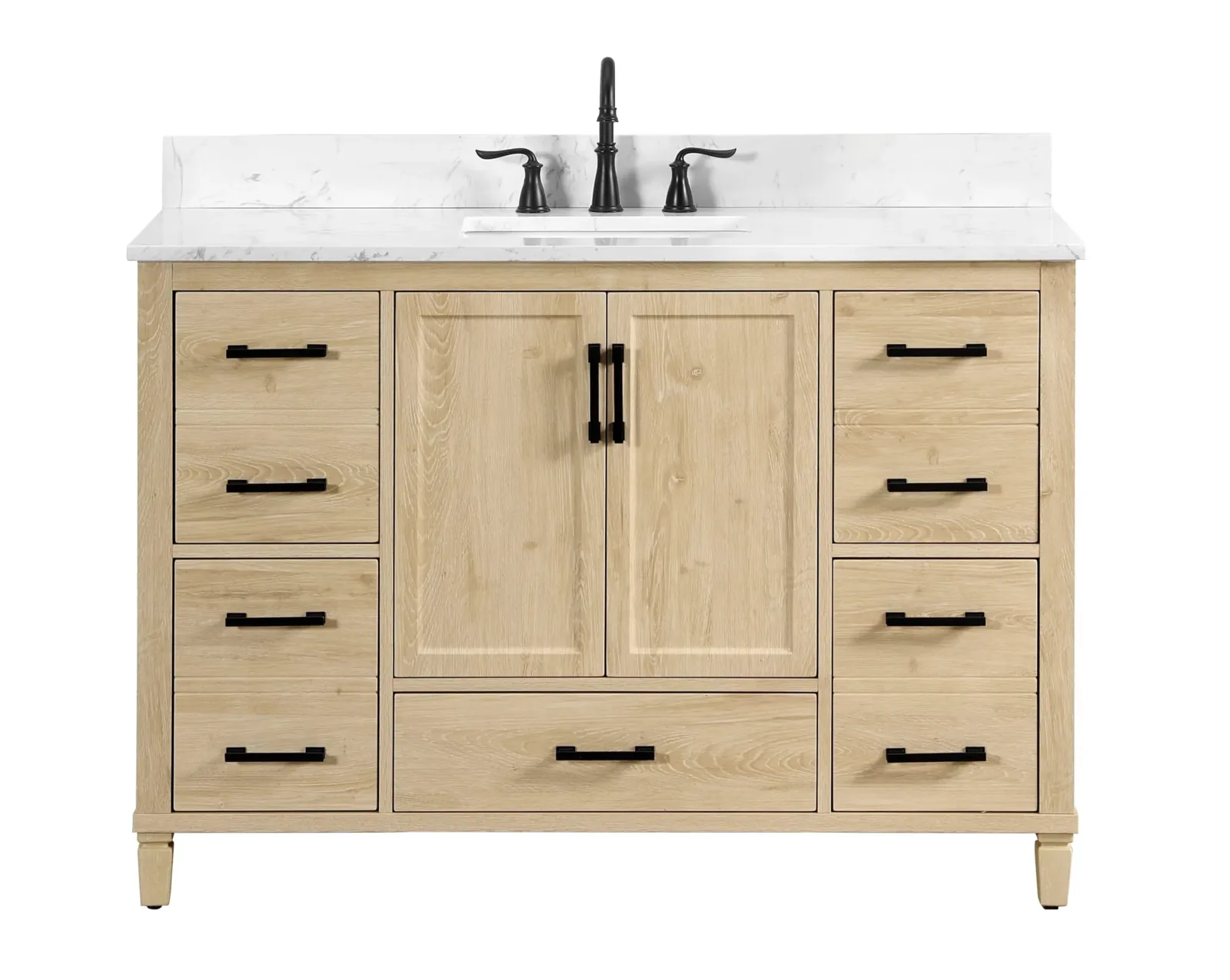 48-inch light wood vanity on white, with center doors between two drawer columns and matte black handles