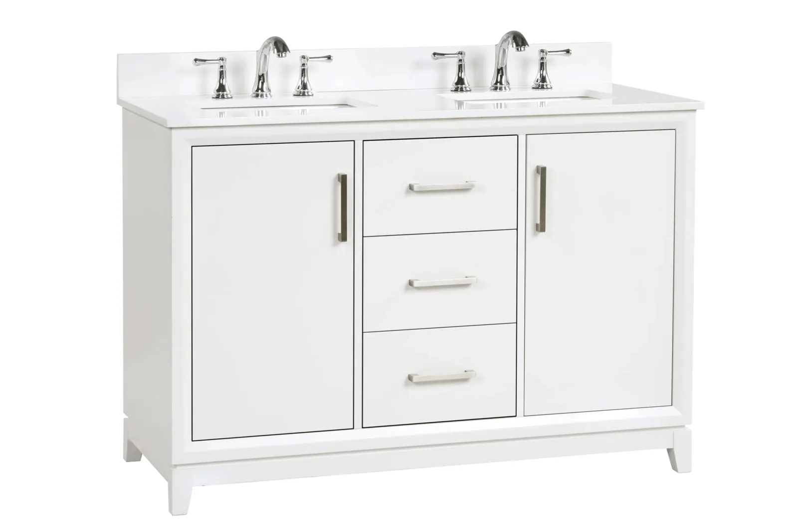 48 inch white double vanity at an angle showing two sinks, center drawers and brushed nickel handles