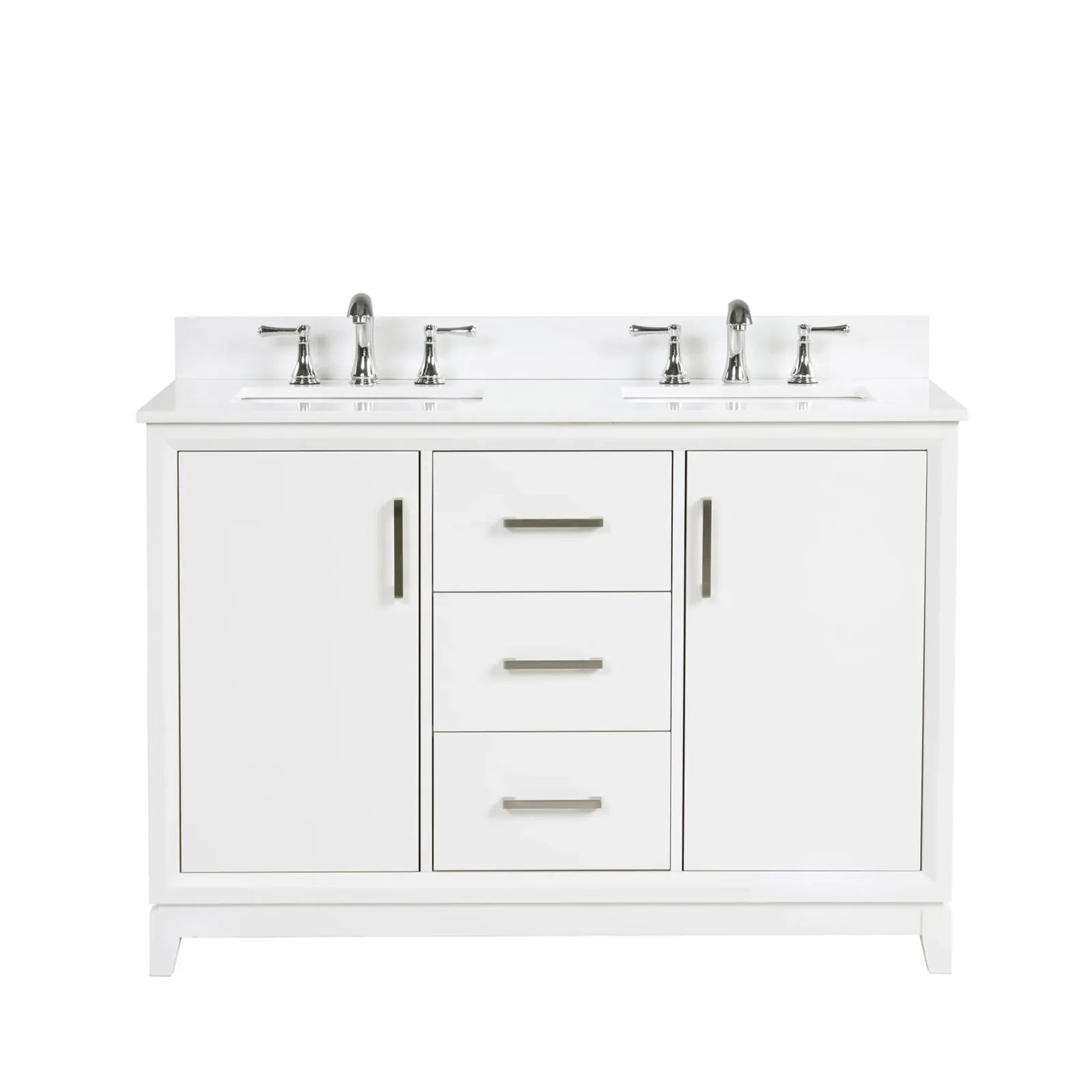 Front view of the 48 inch double-sink vanity in white paint with 4 inch backsplash