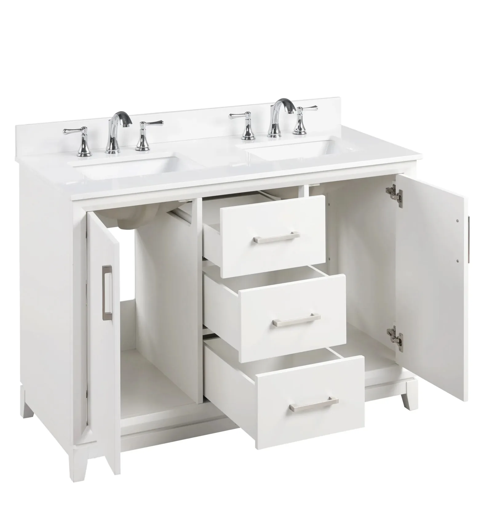 48 inch white double vanity on white with both doors and all three drawers open